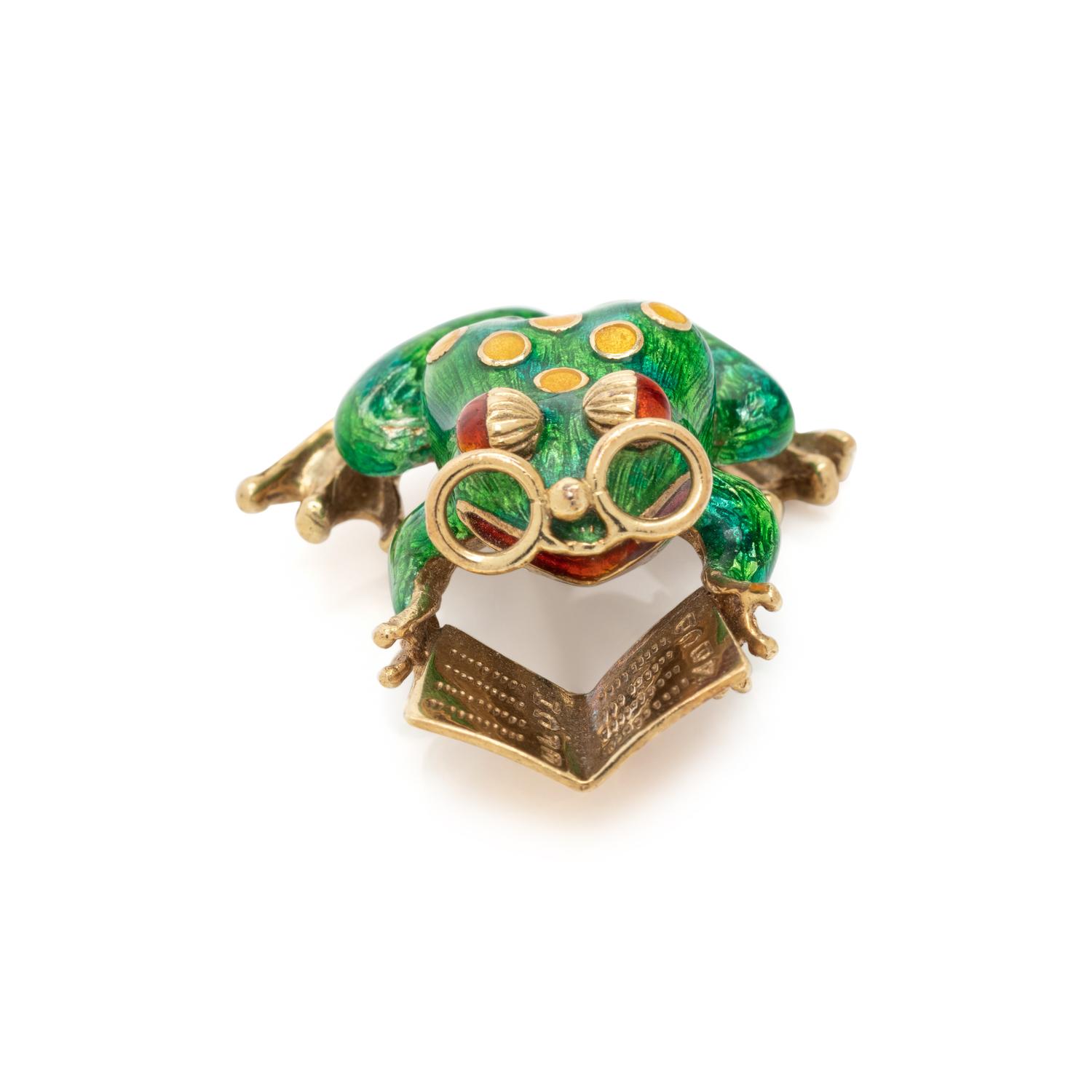YELLOW GOLD AND POLYCHROME ENAMEL FROG BROOCH