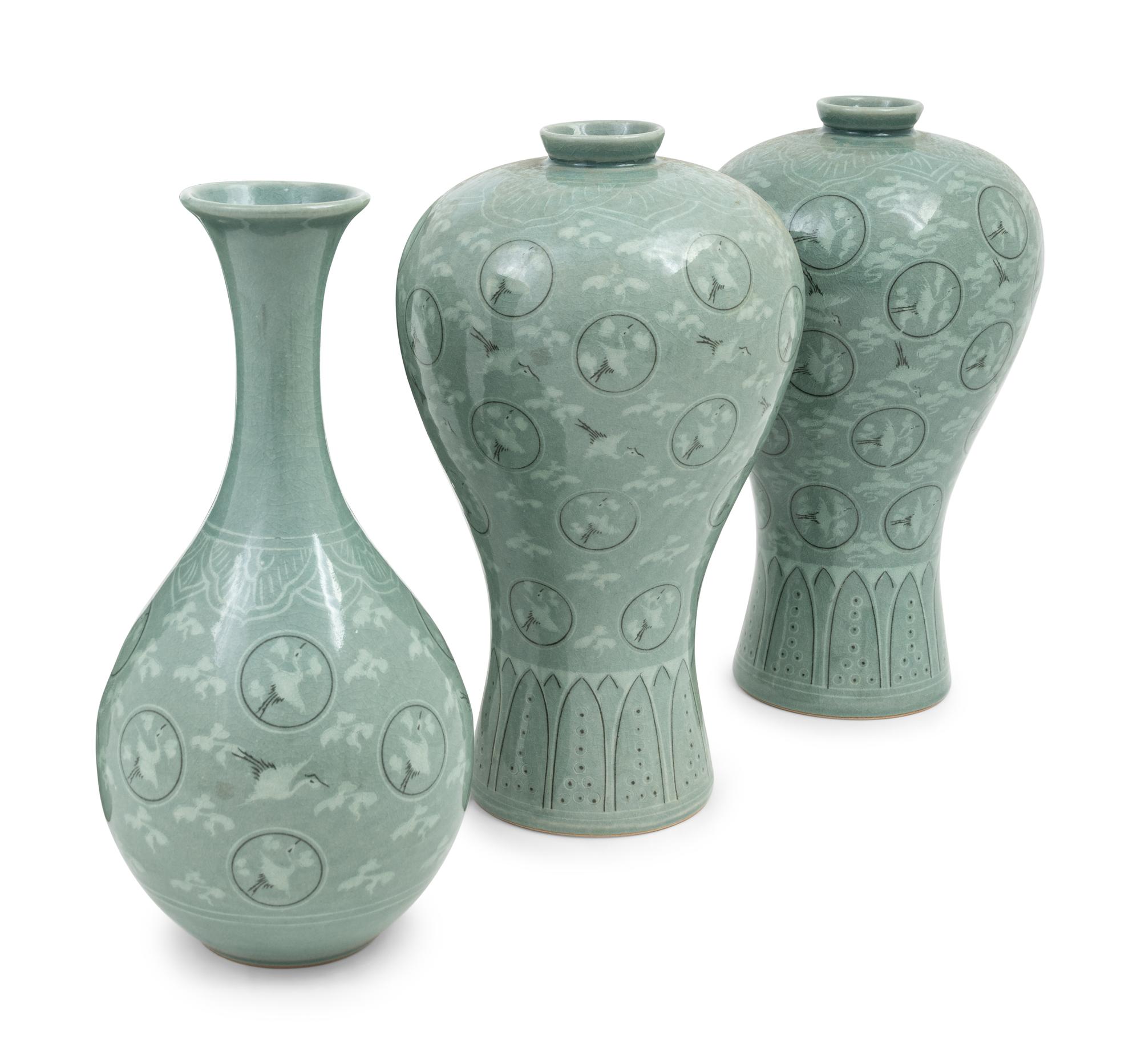 Six Korean Celadon Ground 'Crane and Cloud' Vases