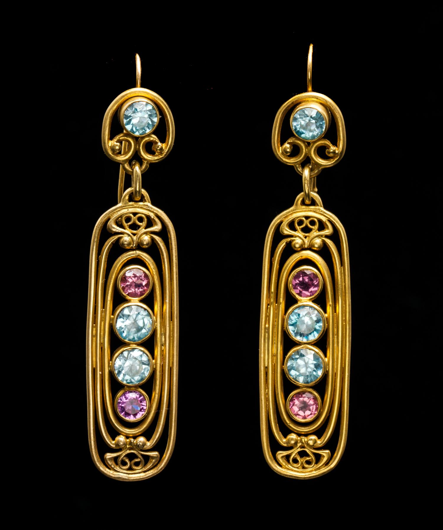 A Pair of Art Nouveau Yellow Gold, Blue Zircon and Pink Tourmaline Ear Pendants, Tiffany & Co., Designed by Louis Comfort Tiffany, 9.20