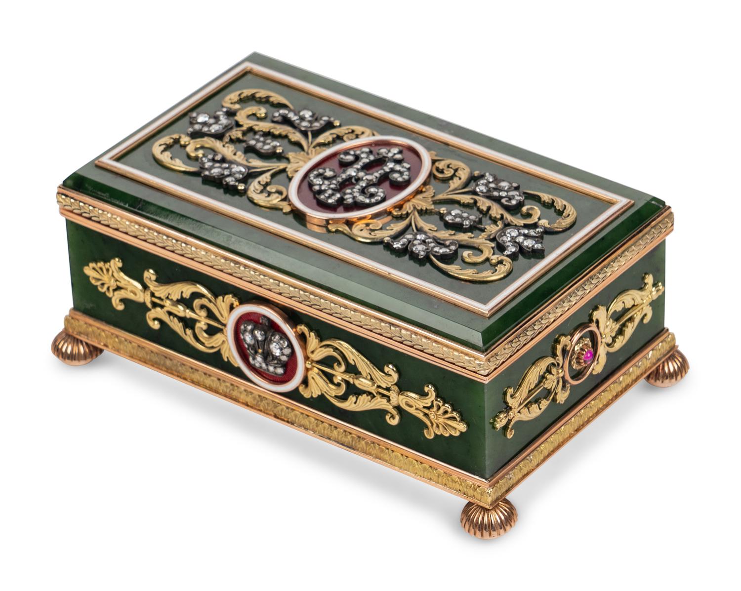 A 14 Karat Gold, Diamond and Guilloché Enamel Hardstone Table Casket