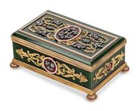 A 14 Karat Gold, Diamond and Guilloché Enamel Hardstone Table Casket