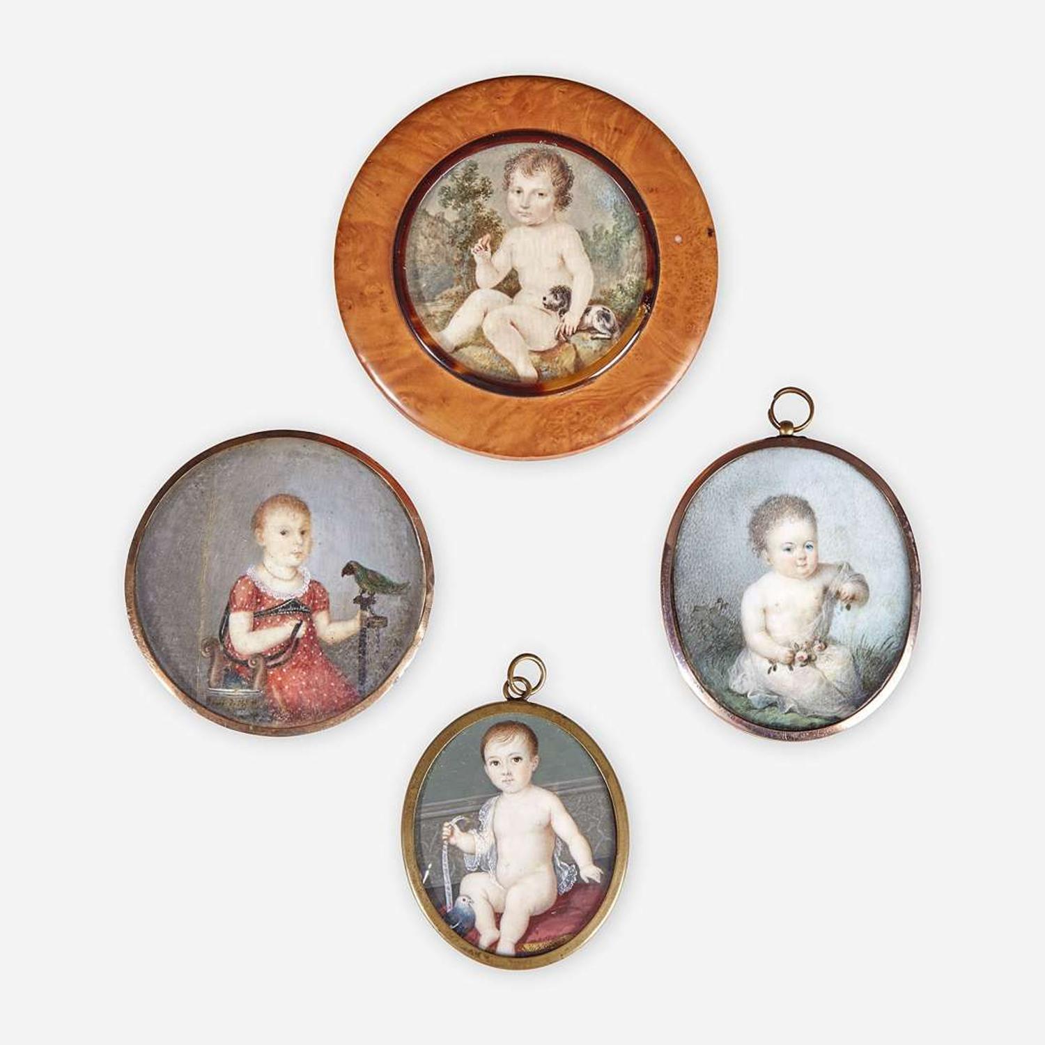 Continental, Spanish, and Italian School 19th Century A group of four portrait miniatures of children with animals and flowers
