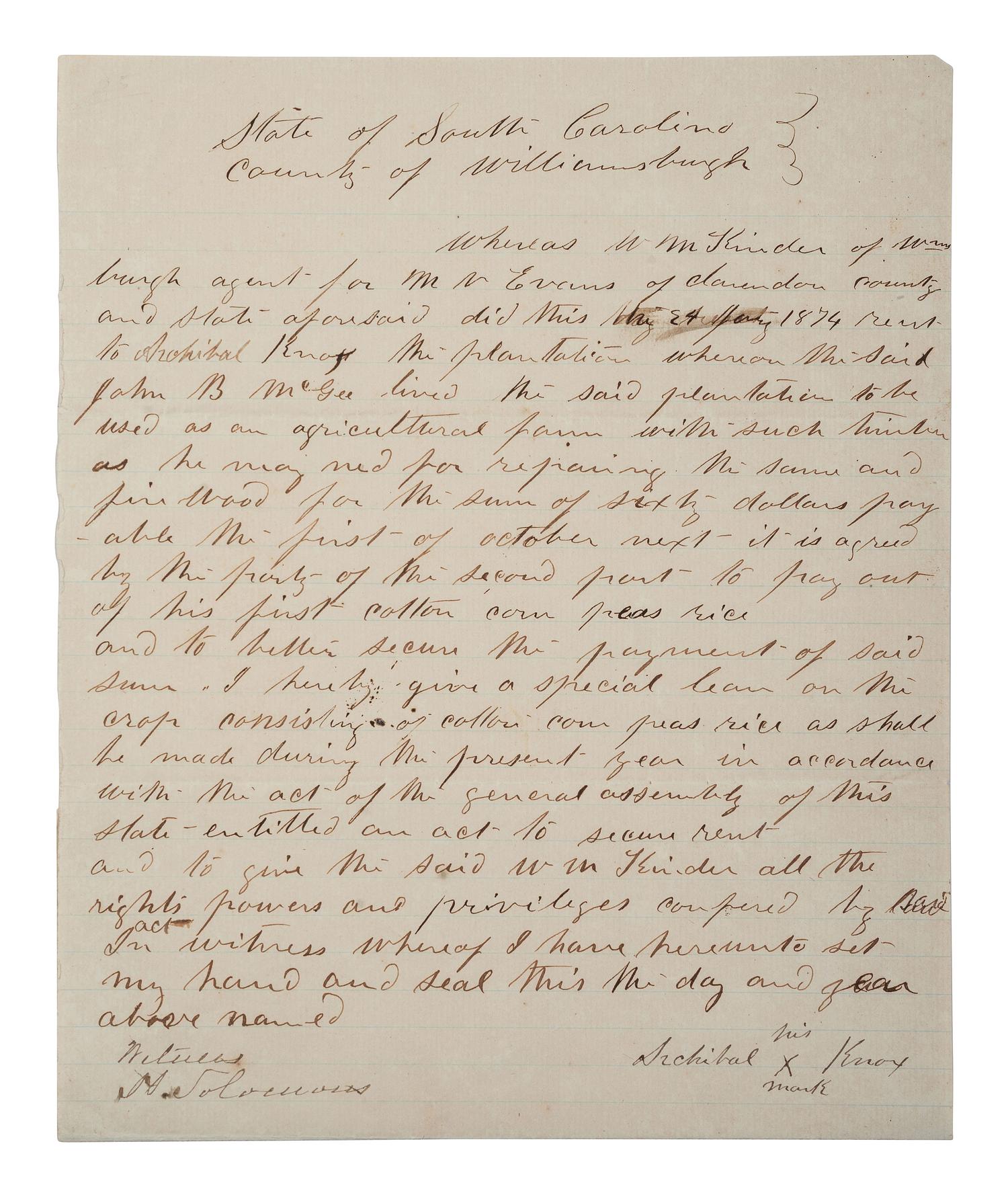[RECONSTRUCTION]. A pair of crop liens for South Carolina farmers. 1874, 1904.