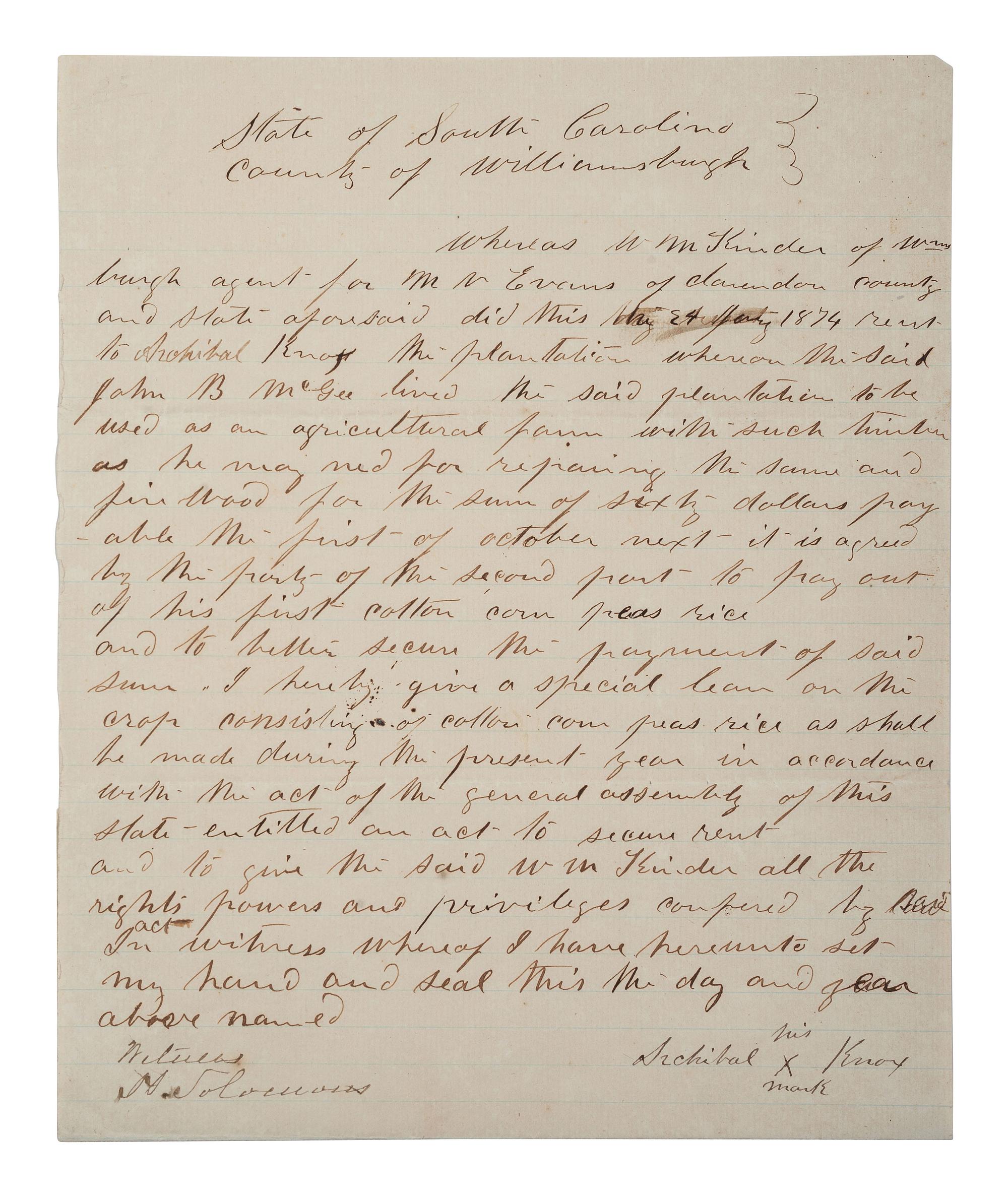 [RECONSTRUCTION]. A pair of crop liens for South Carolina farmers. 1874, 1904.