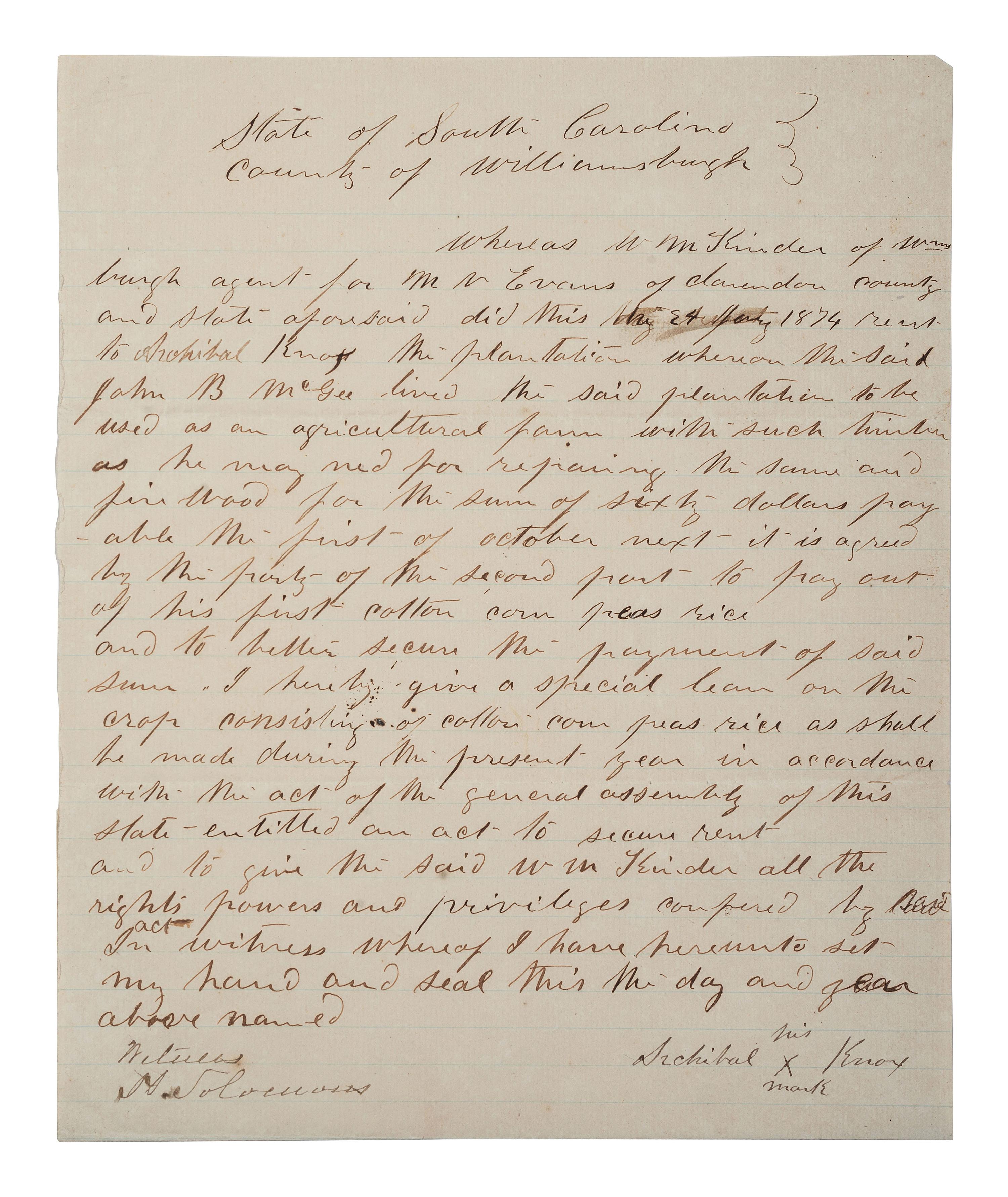 [RECONSTRUCTION]. A pair of crop liens for South Carolina farmers. 1874, 1904.