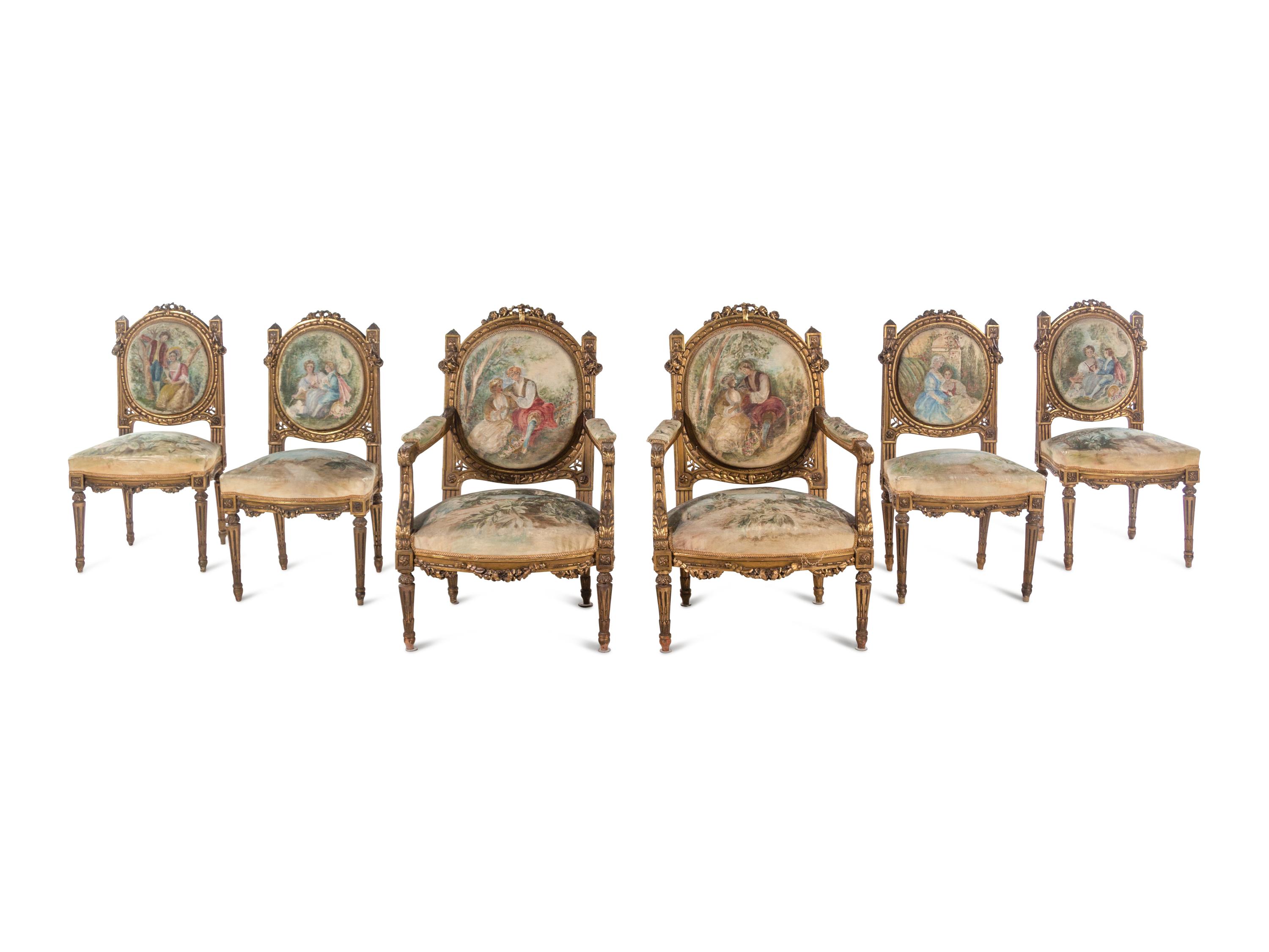 A Louis XVI Style Giltwood Seven-Piece Salon Suite