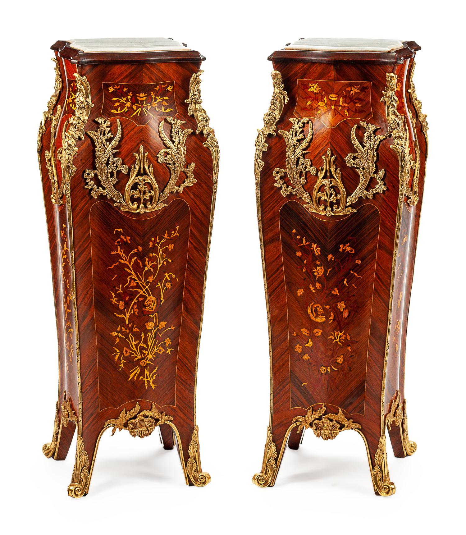 A Pair of Louis XV Style Gilt-Bronze-Mounted Parquetry Pedestals