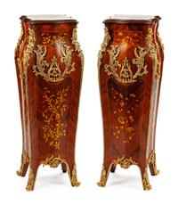 A Pair of Louis XV Style Gilt-Bronze-Mounted Parquetry Pedestals