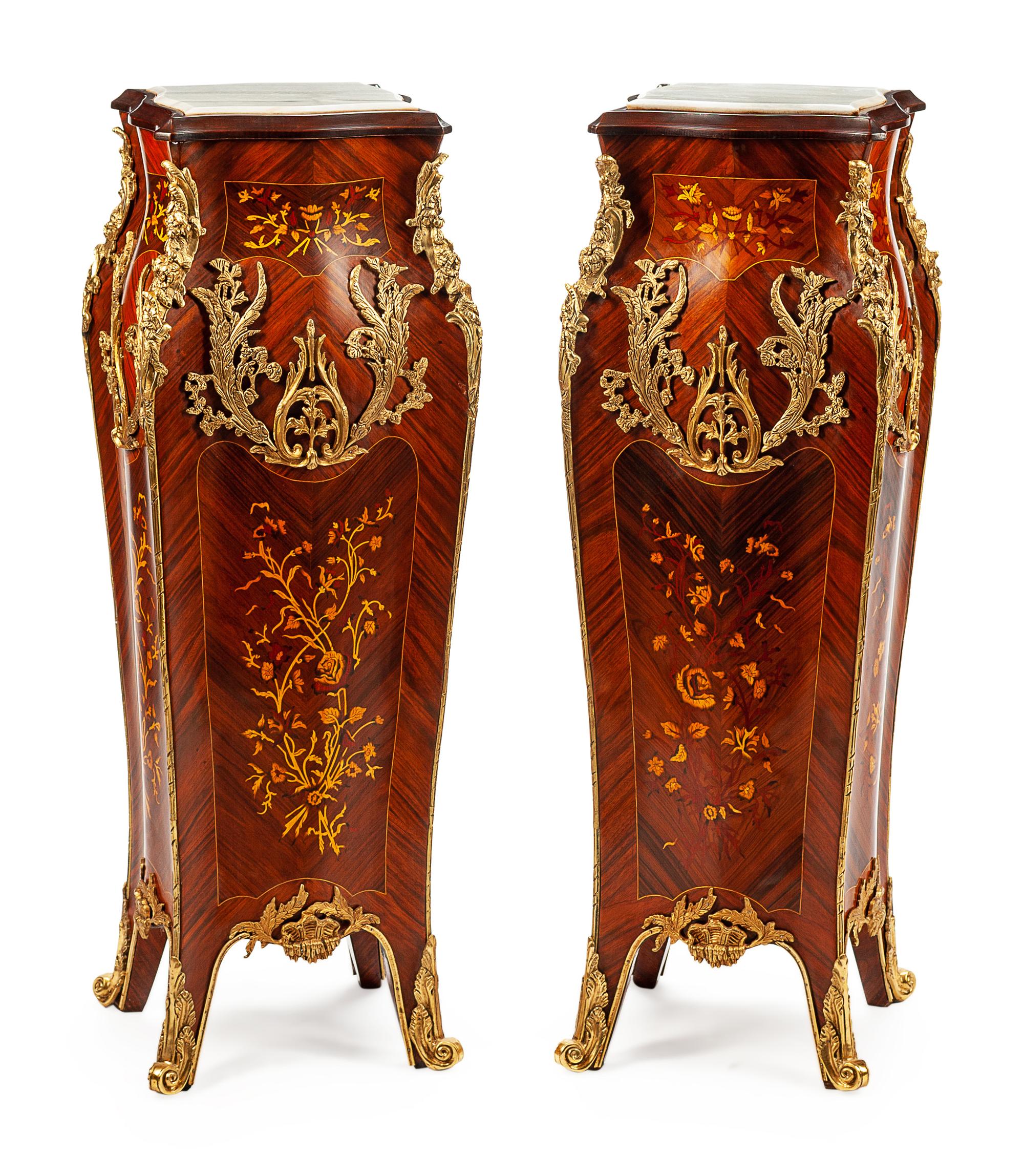 A Pair of Louis XV Style Gilt-Bronze-Mounted Parquetry Pedestals