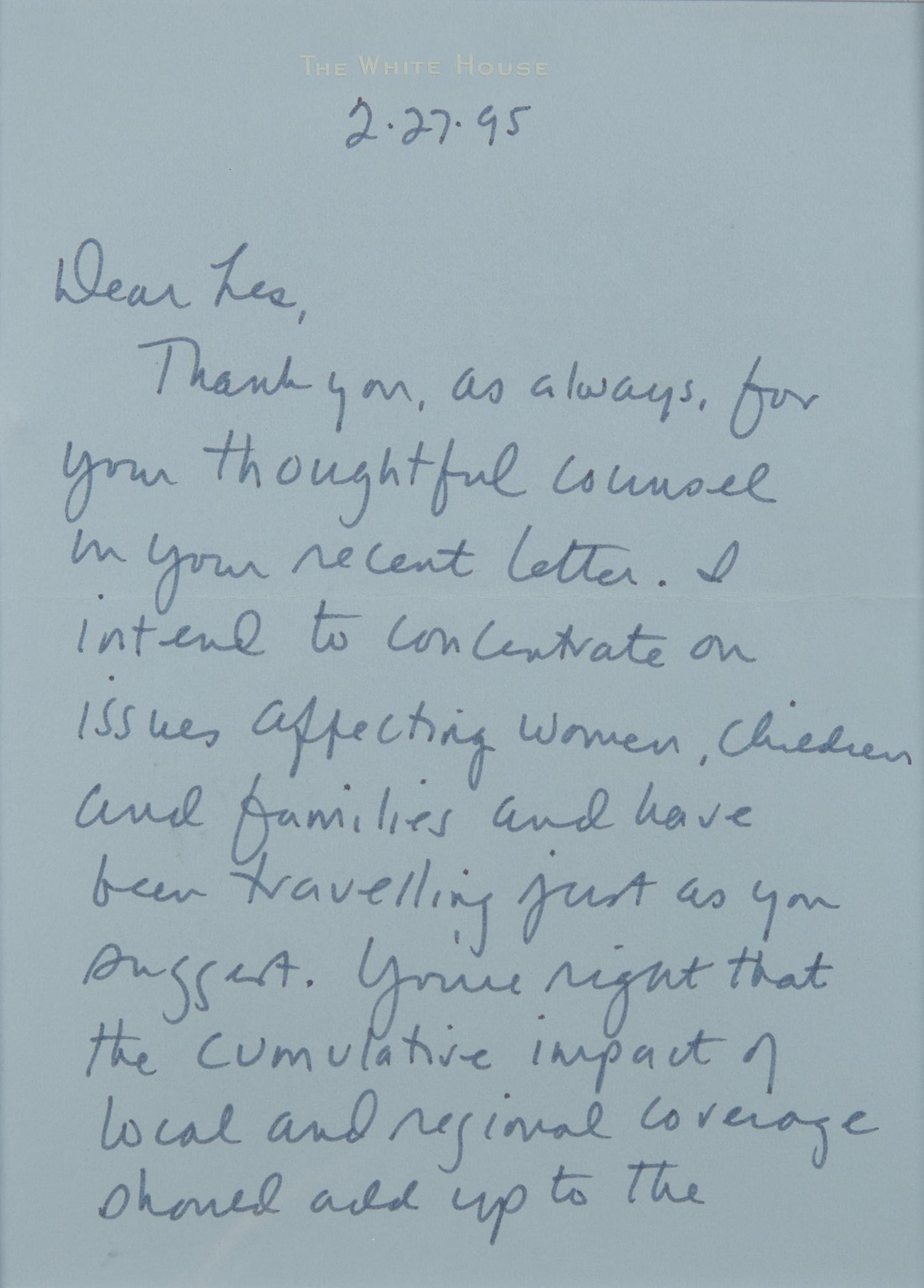 [Presidential] Clinton, Hillary Rodham. Autograph Letter, signed