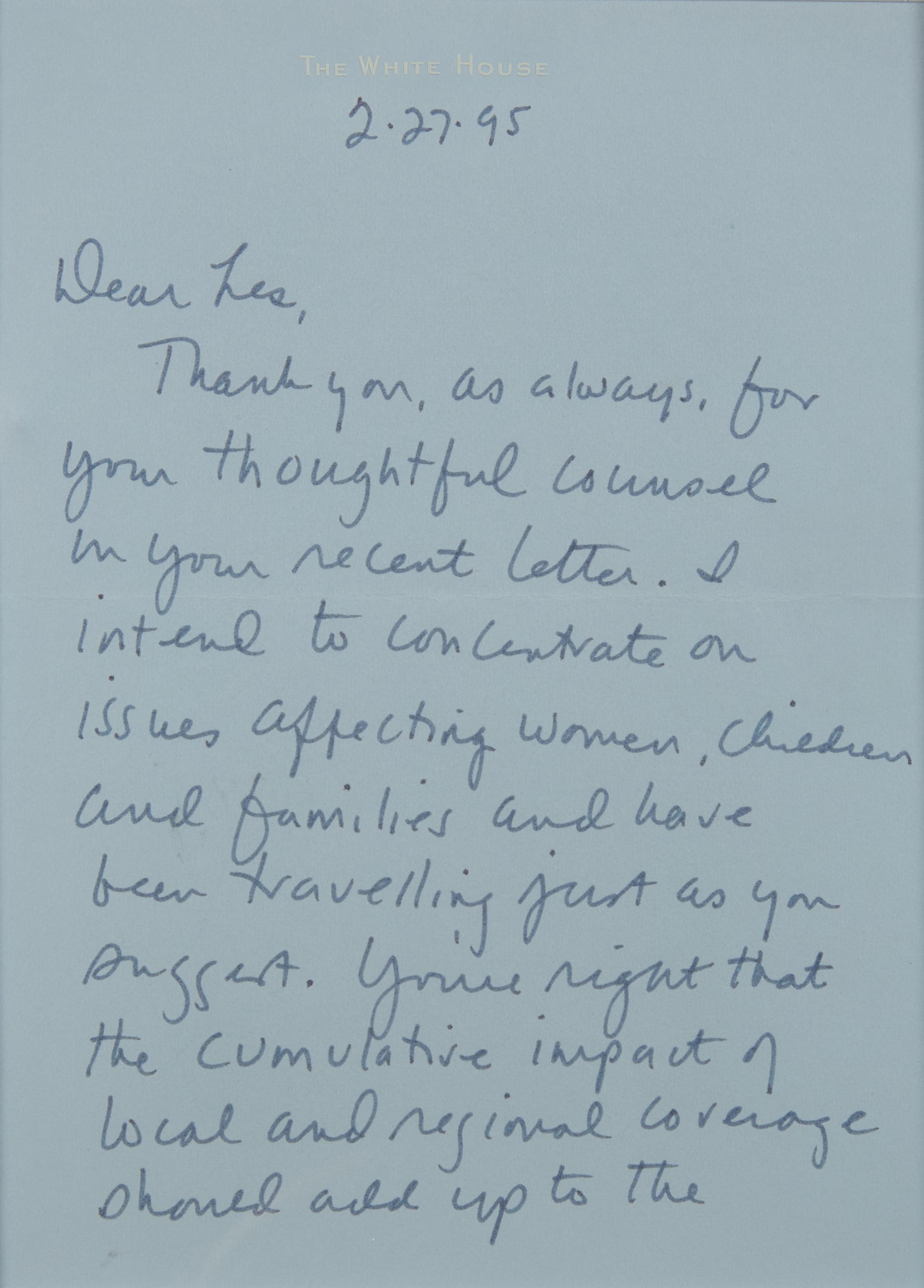 [Presidential] Clinton, Hillary Rodham. Autograph Letter, signed