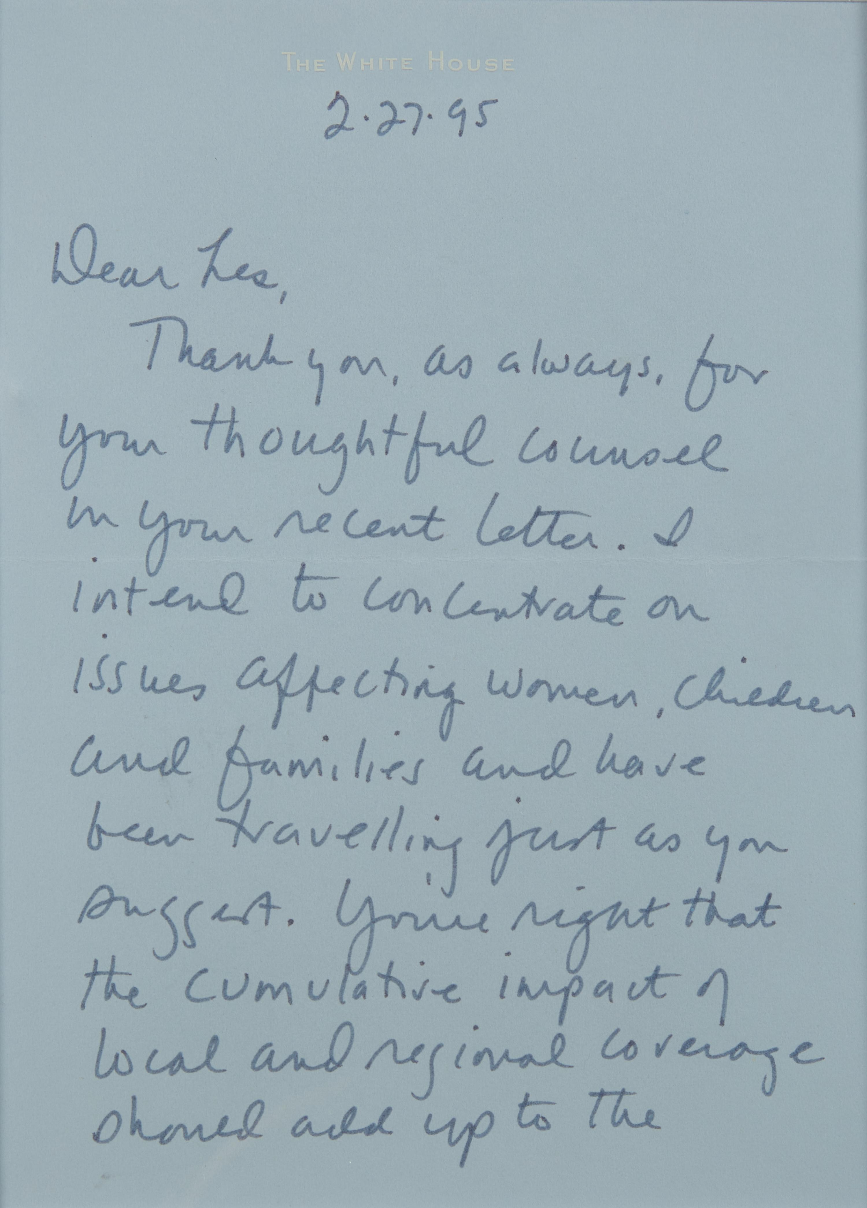 [Presidential] Clinton, Hillary Rodham. Autograph Letter, signed