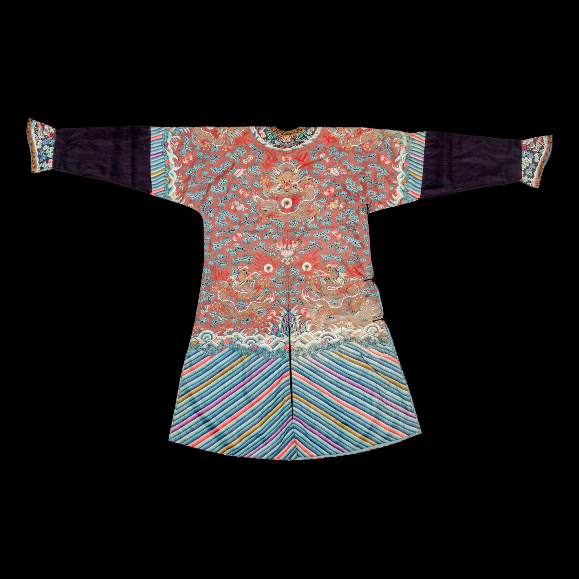 A Chinese Brown Ground Kesi Silk 'Dragon' Robe, Jifu, 19th Century 清晚期 醬地緙絲雲龍紋吉服