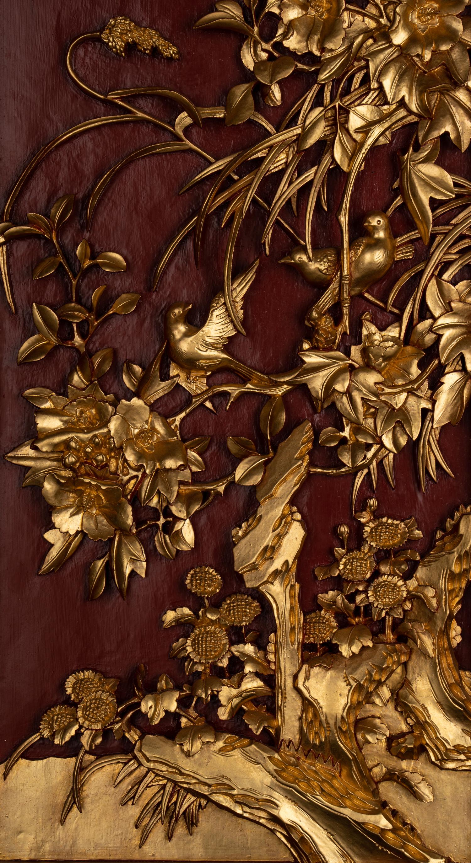 A Pair of Chinese Gilt and Red Lacquered Wood Wall Panels