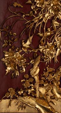 A Pair of Chinese Gilt and Red Lacquered Wood Wall Panels