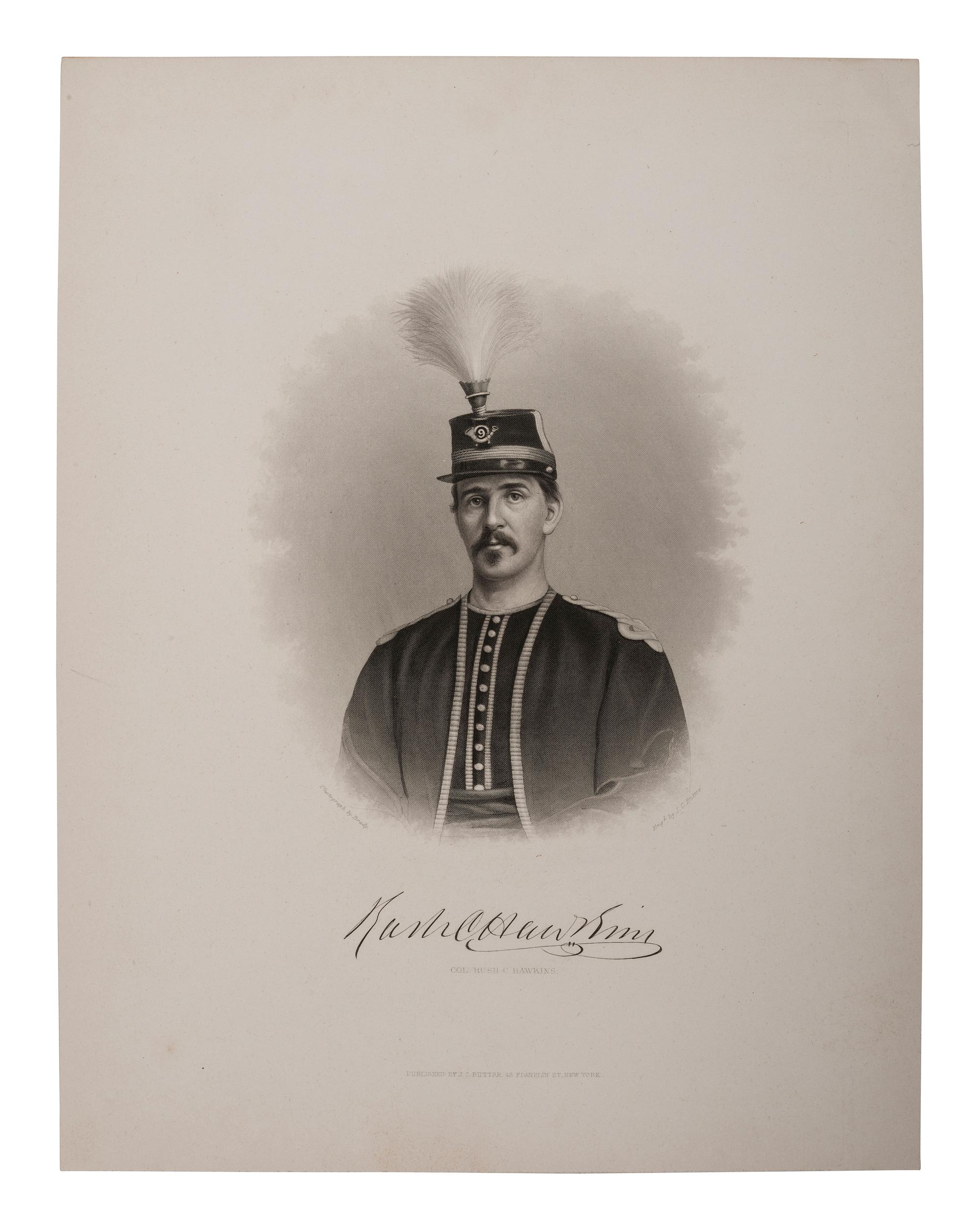 [HAWKINS, Rush C. (1831-1920)]. Group including war-date ALS, CDV, and portrait of a first lieutenant of Hawkins' Zouaves, 9th New York Infantry.