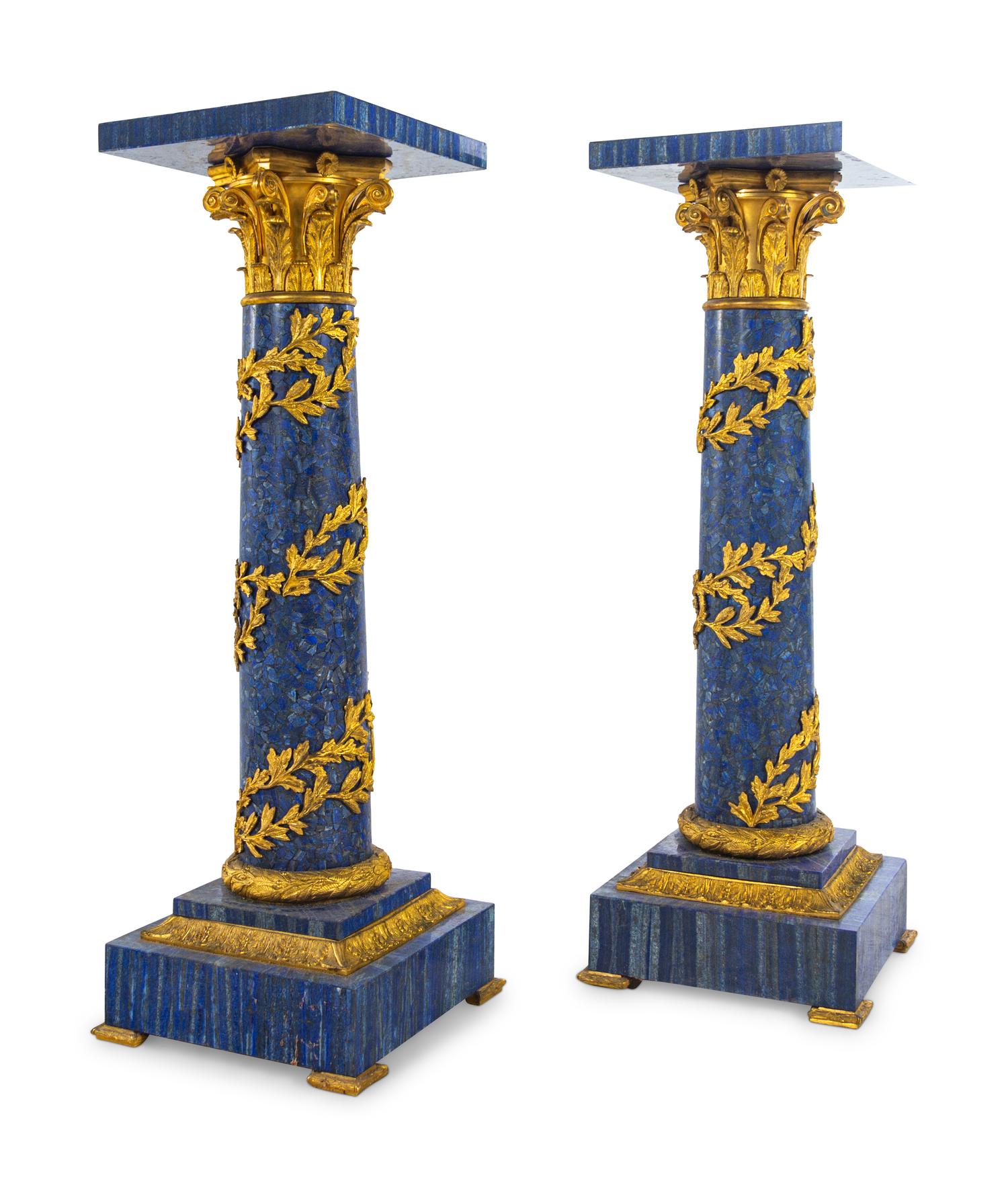 A Pair of Louis XV Style Gilt Bronze Mounted Lapis Lazuli Pedestals