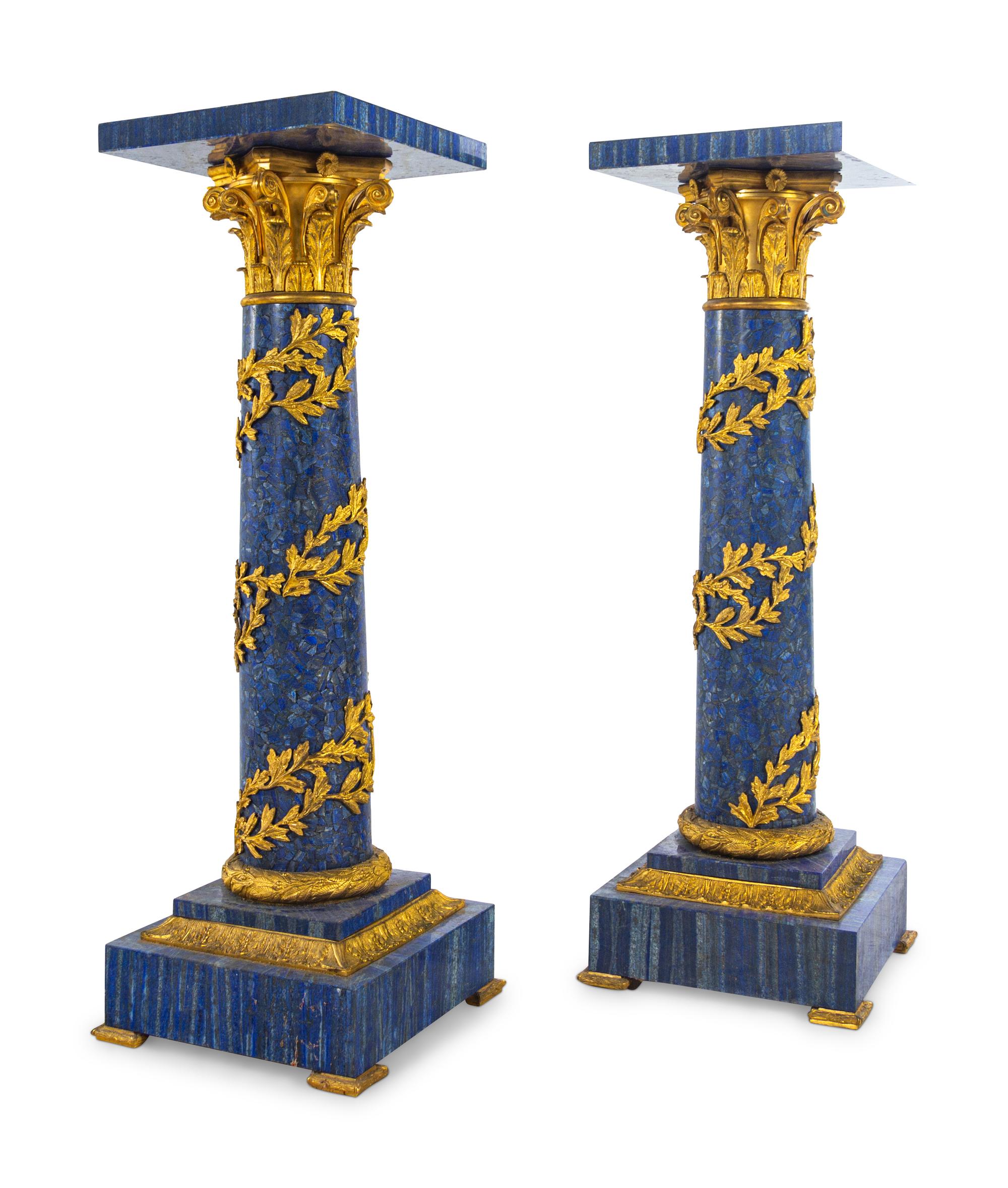 A Pair of Louis XV Style Gilt Bronze Mounted Lapis Lazuli Pedestals