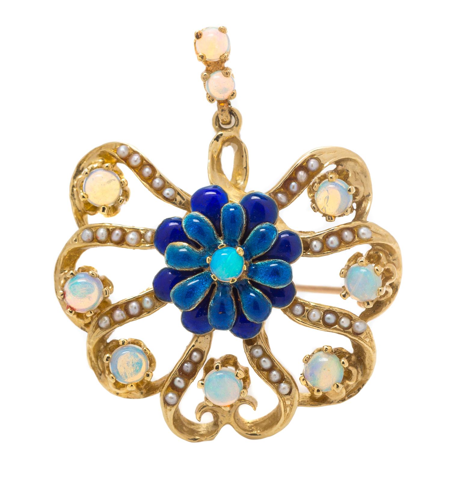 A Yellow Gold, Opal, Polychrome Enamel and Seed Pearl Brooch, 5.60 dwts.