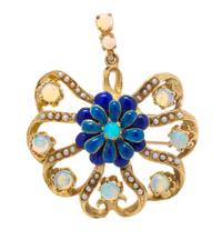 A Yellow Gold, Opal, Polychrome Enamel and Seed Pearl Brooch, 5.60 dwts.