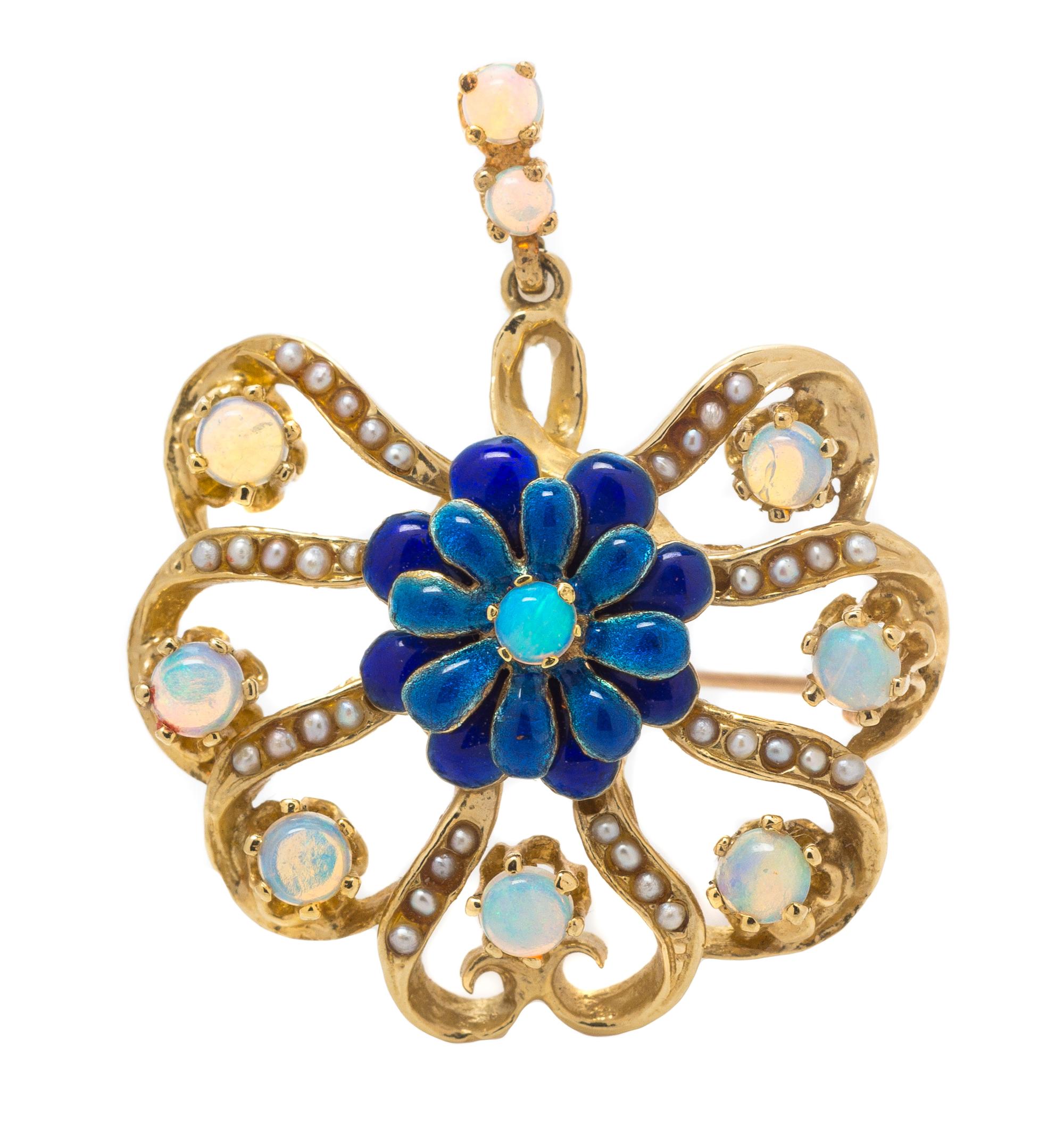 A Yellow Gold, Opal, Polychrome Enamel and Seed Pearl Brooch, 5.60 dwts.