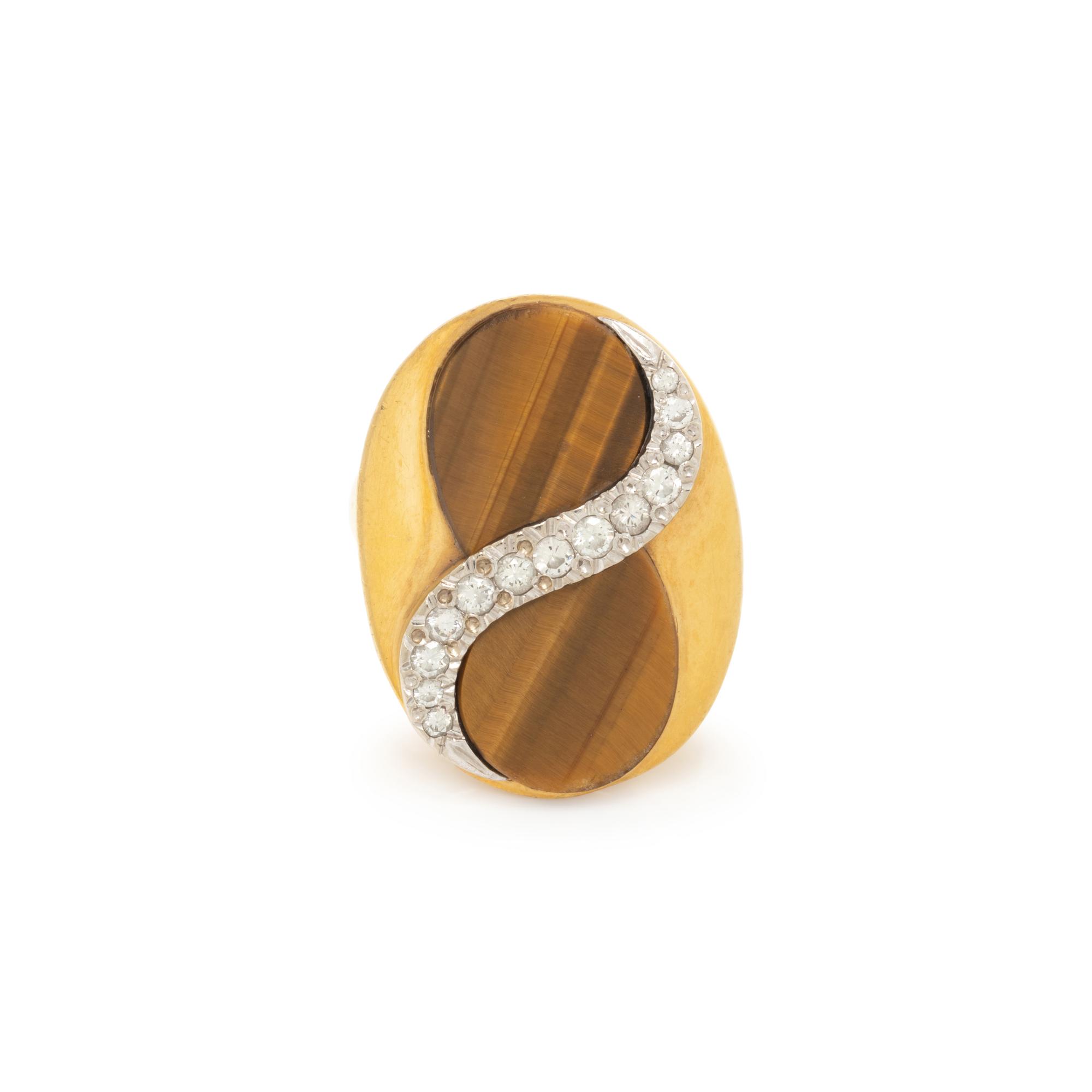 TIGER'S EYE, DIAMOND, AND GOLD RING