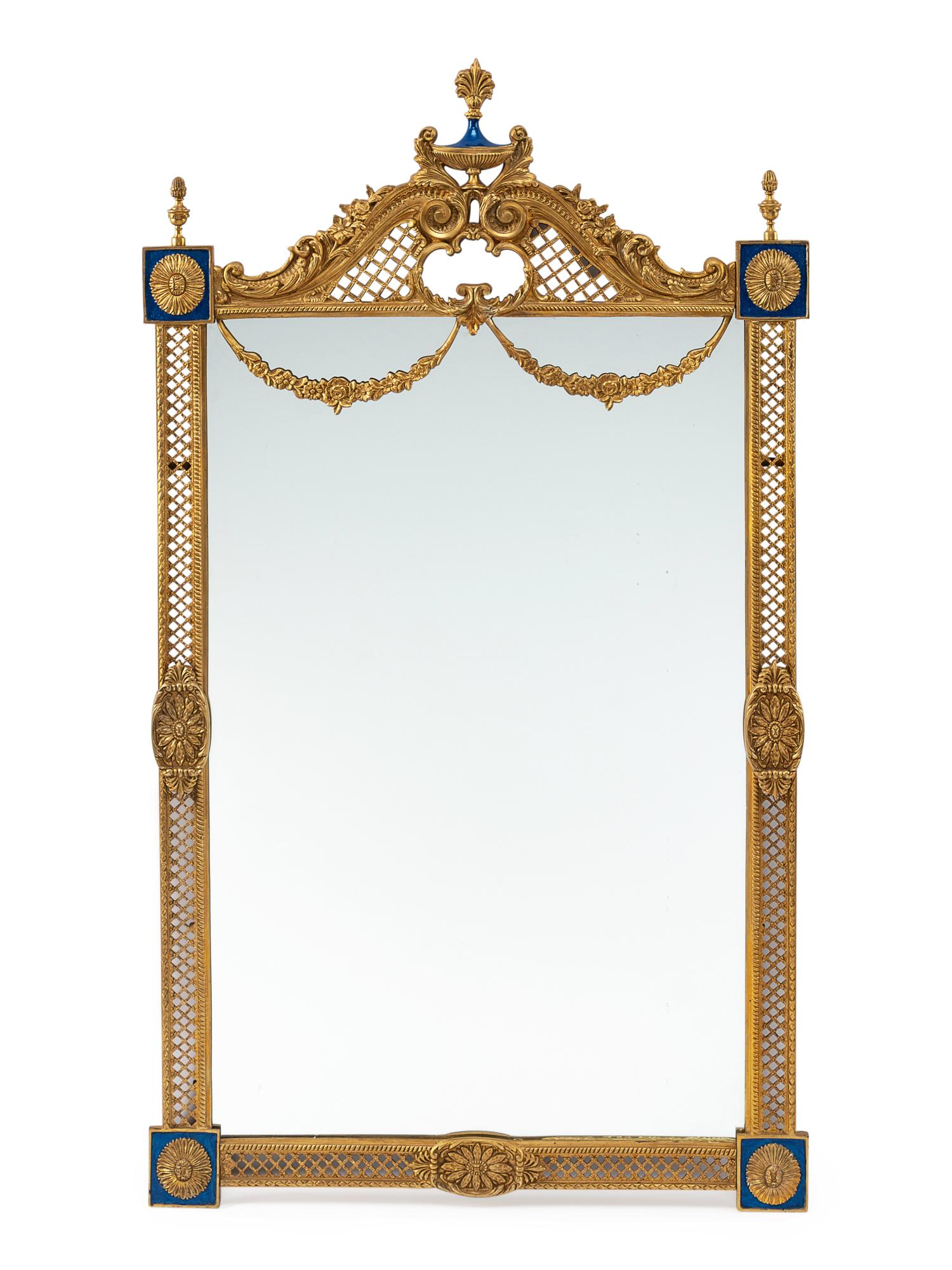 A French Neoclassical Style Gilt Bronze and Enameled Mirror