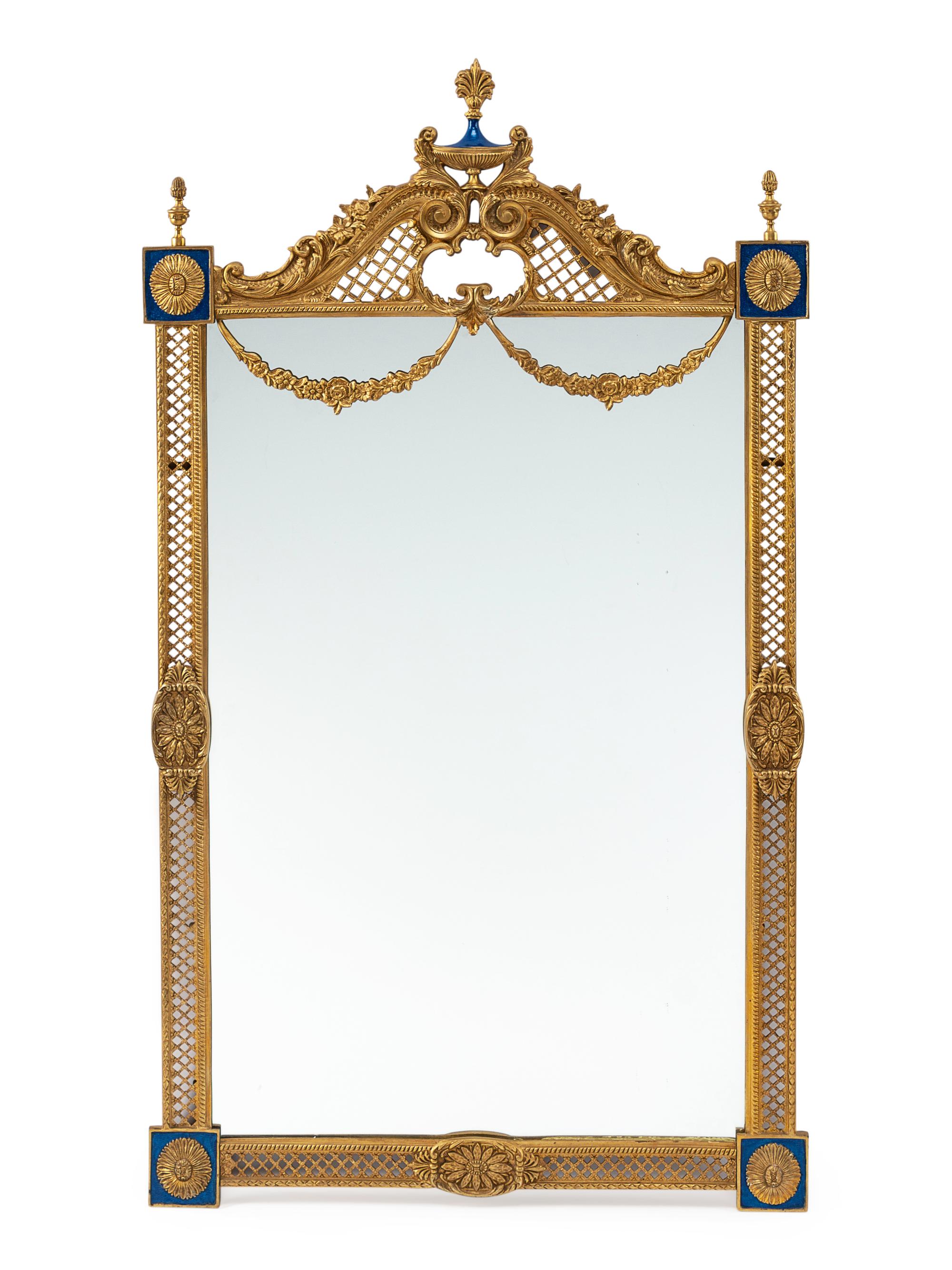 A French Neoclassical Style Gilt Bronze and Enameled Mirror