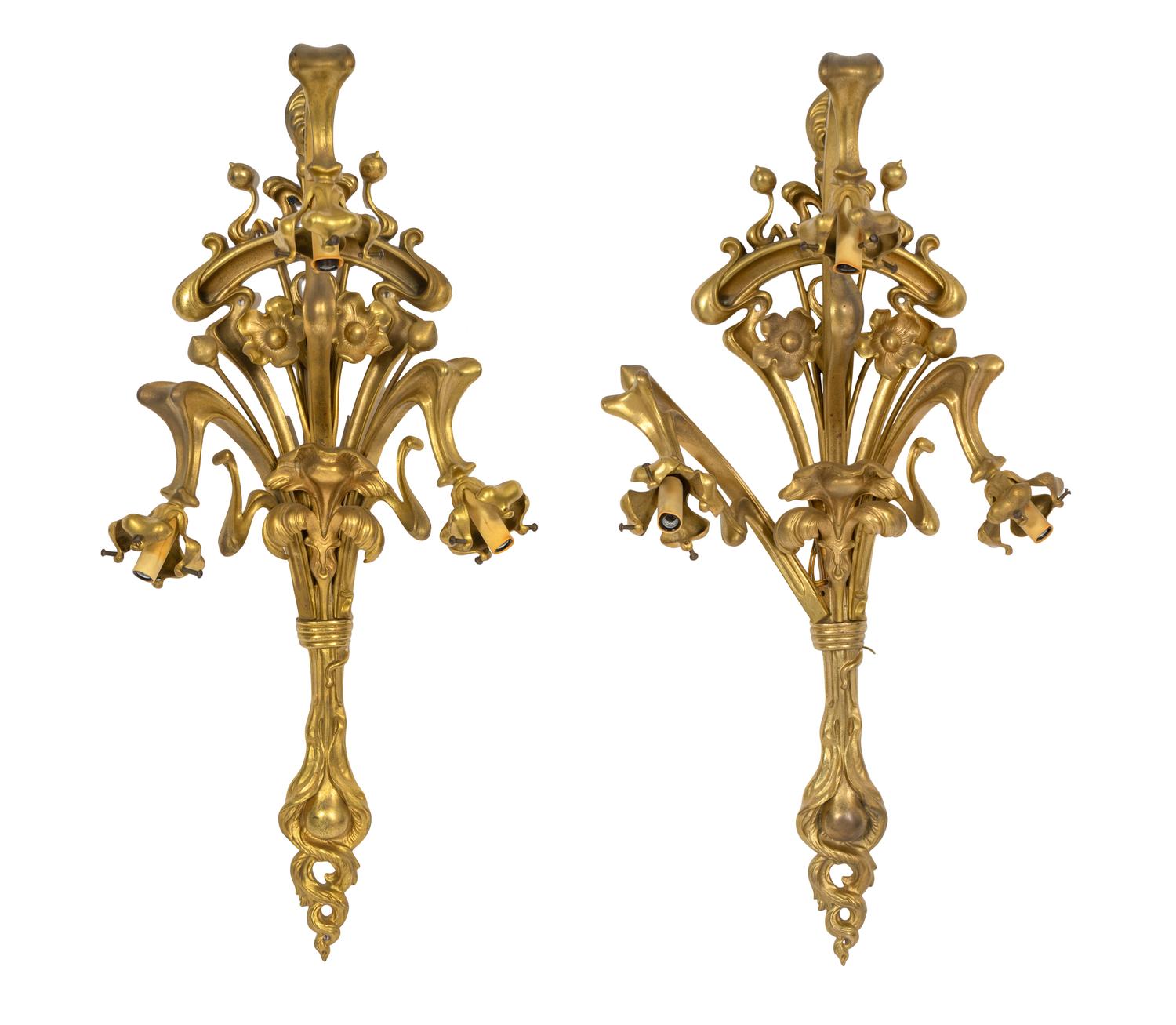 A Pair of Art Nouveau Gilt Bronze Three-Light Sconces