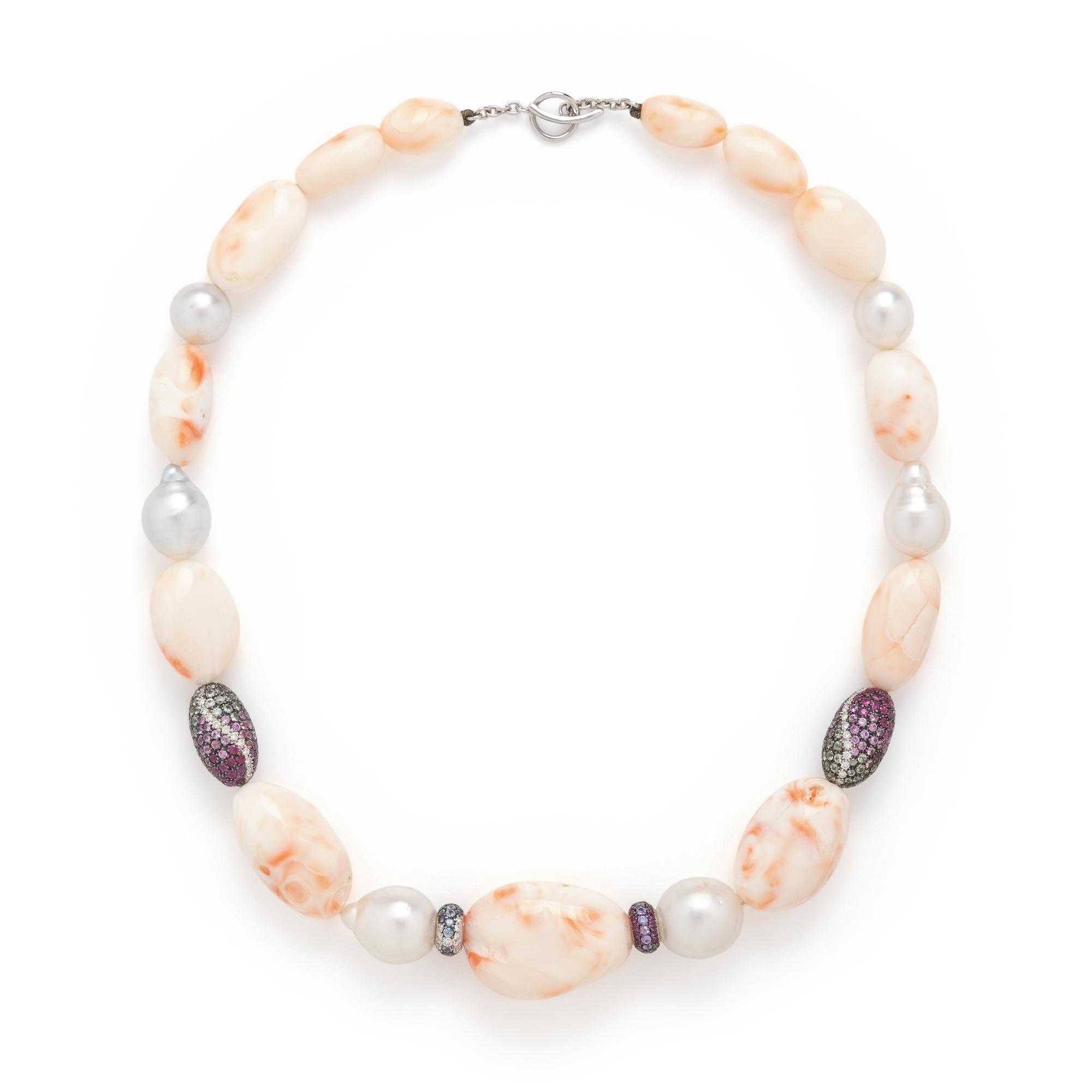 Coral, Cultured Pearl, and Multigem Beaded Necklace