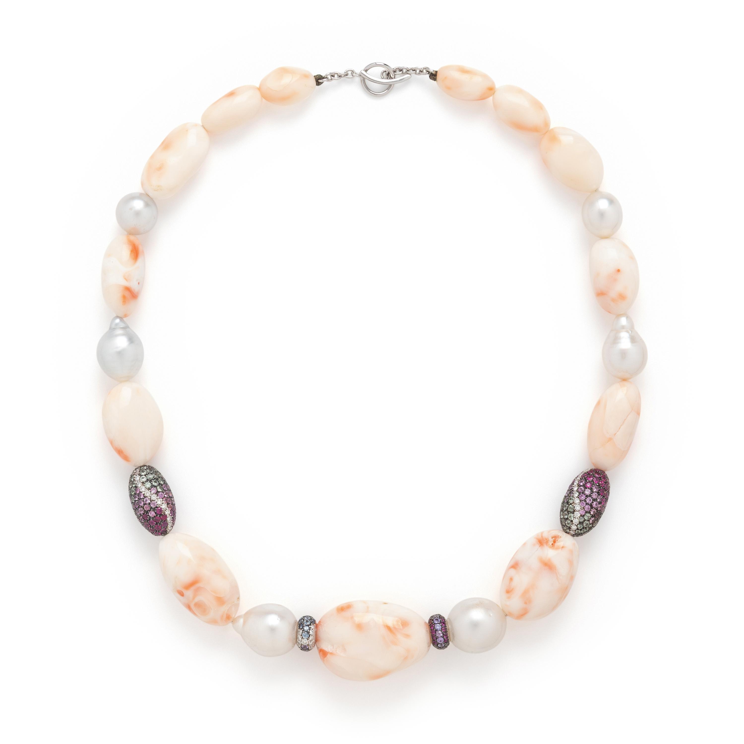 Coral, Cultured Pearl, and Multigem Beaded Necklace