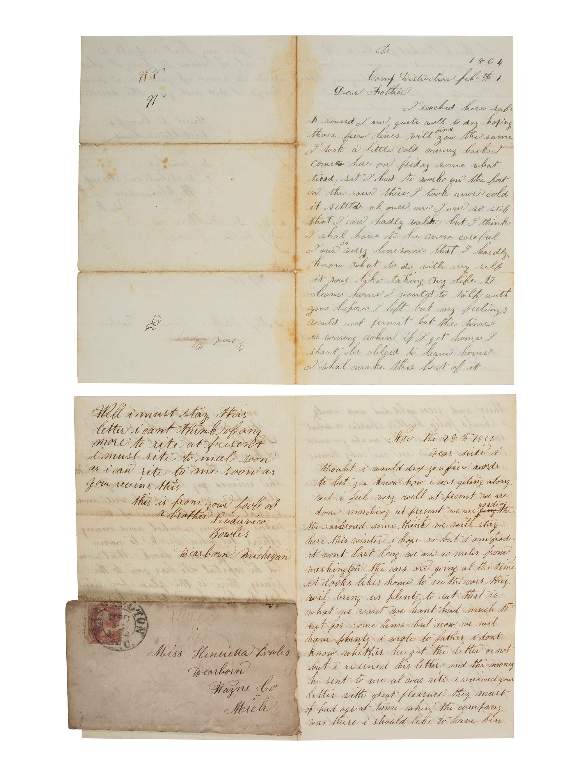 [CIVIL WAR]. A group of 5 letters from Private Ludovicus Bowles, Co. D, 24th Michigan Volunteers, WIA Chancellorsville, DOD.