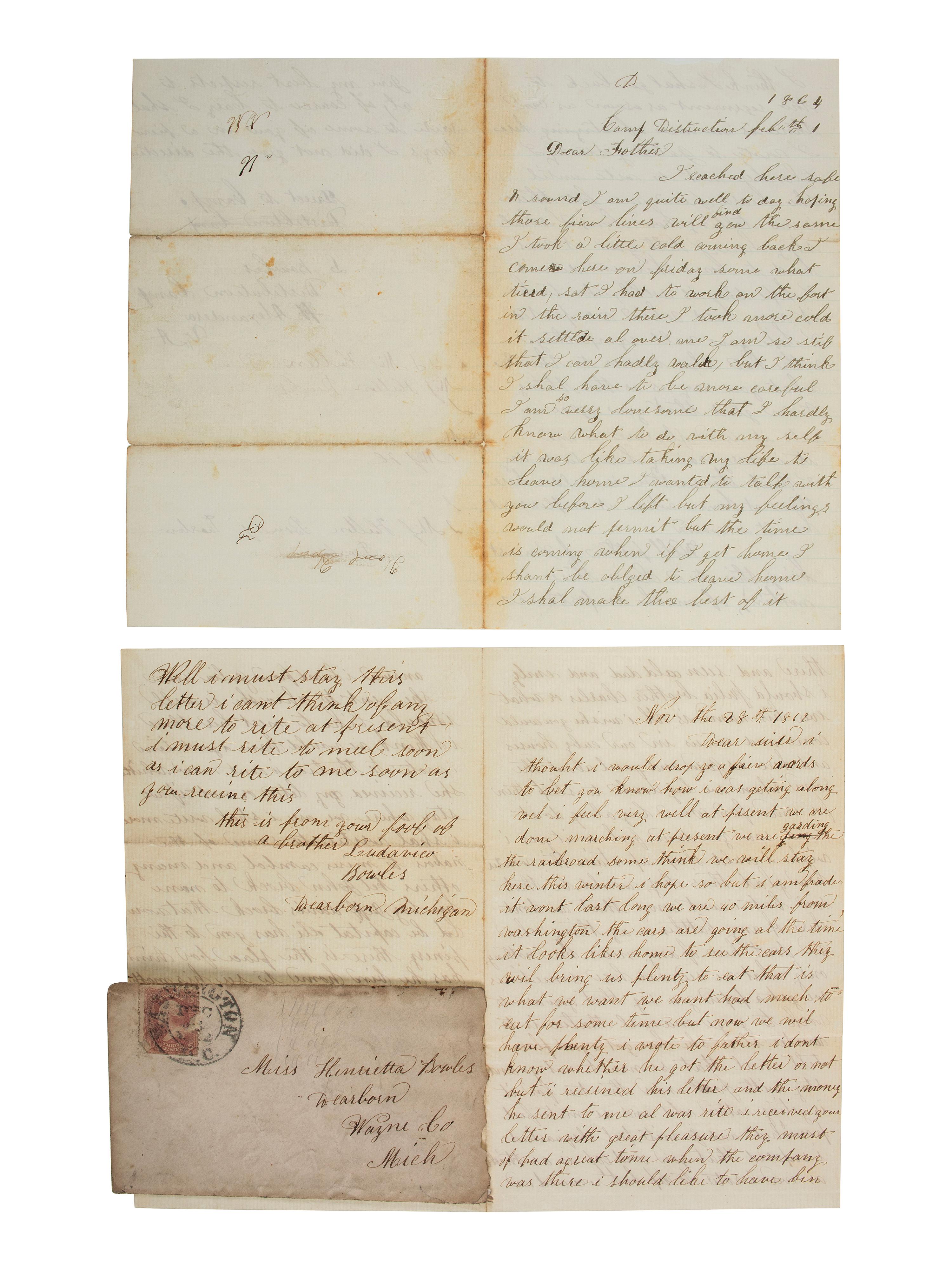 [CIVIL WAR]. A group of 5 letters from Private Ludovicus Bowles, Co. D, 24th Michigan Volunteers, WIA Chancellorsville, DOD.