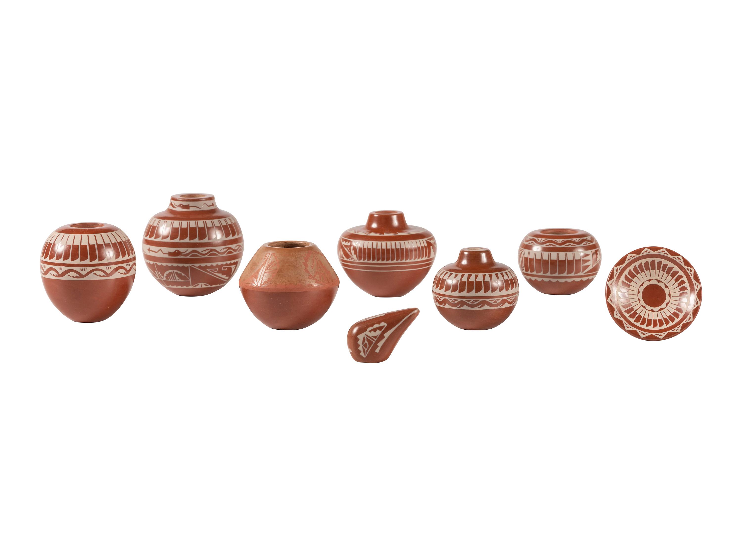 Miniature White-on-Red Pottery Jars, Plate, and Bear