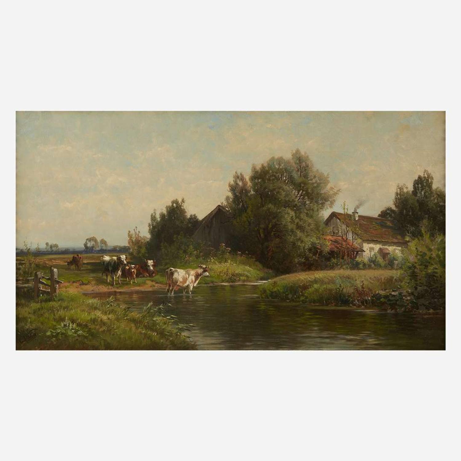 Carl Philipp Weber (American, 1850-1921) Cattle at Water's Edge