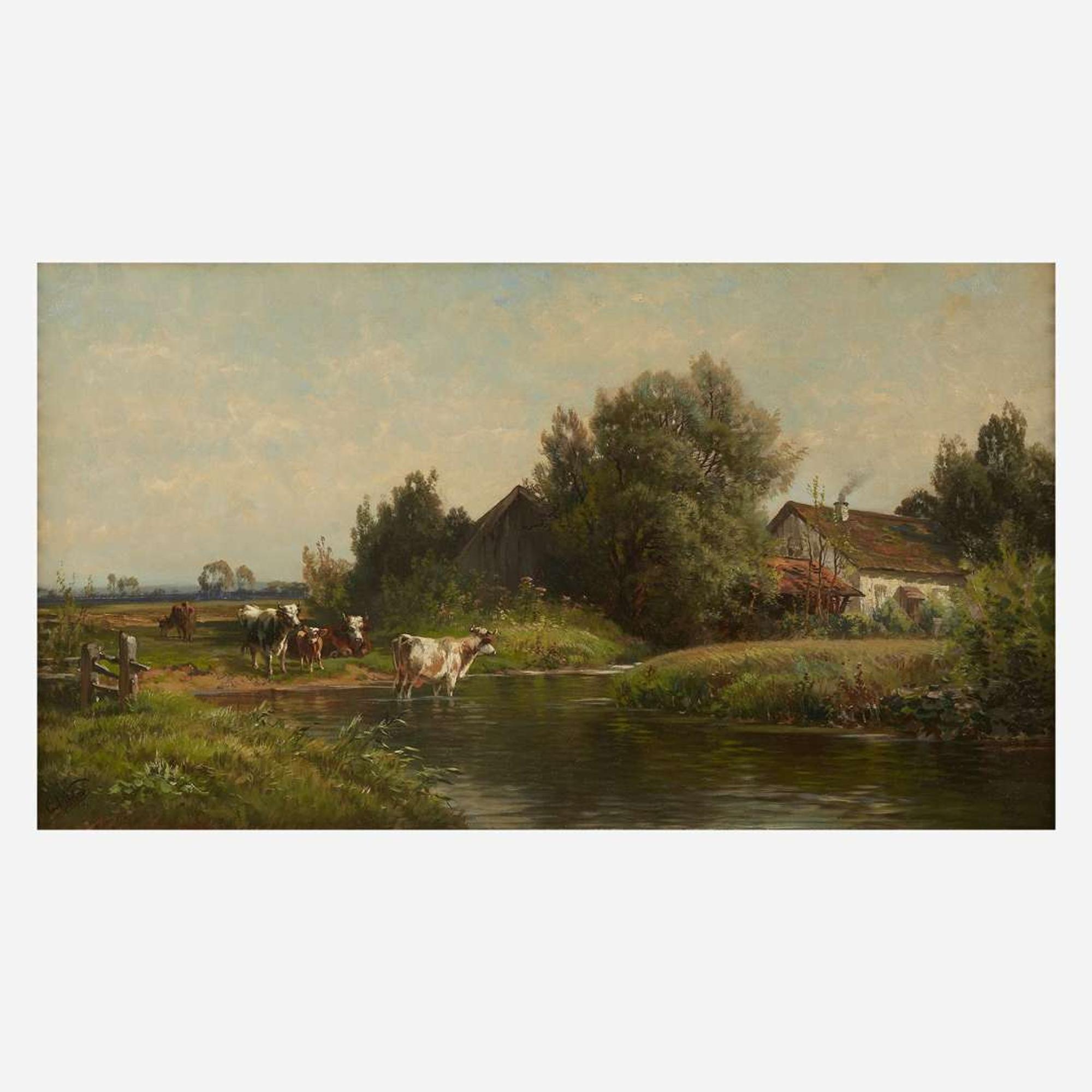 Carl Philipp Weber (American, 1850-1921) Cattle at Water's Edge