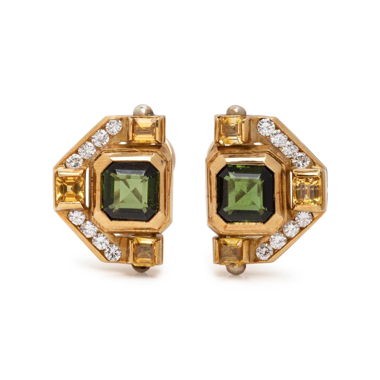 TOURMALINE, YELLOW SAPPHIRE, AND DIAMOND EARRINGS