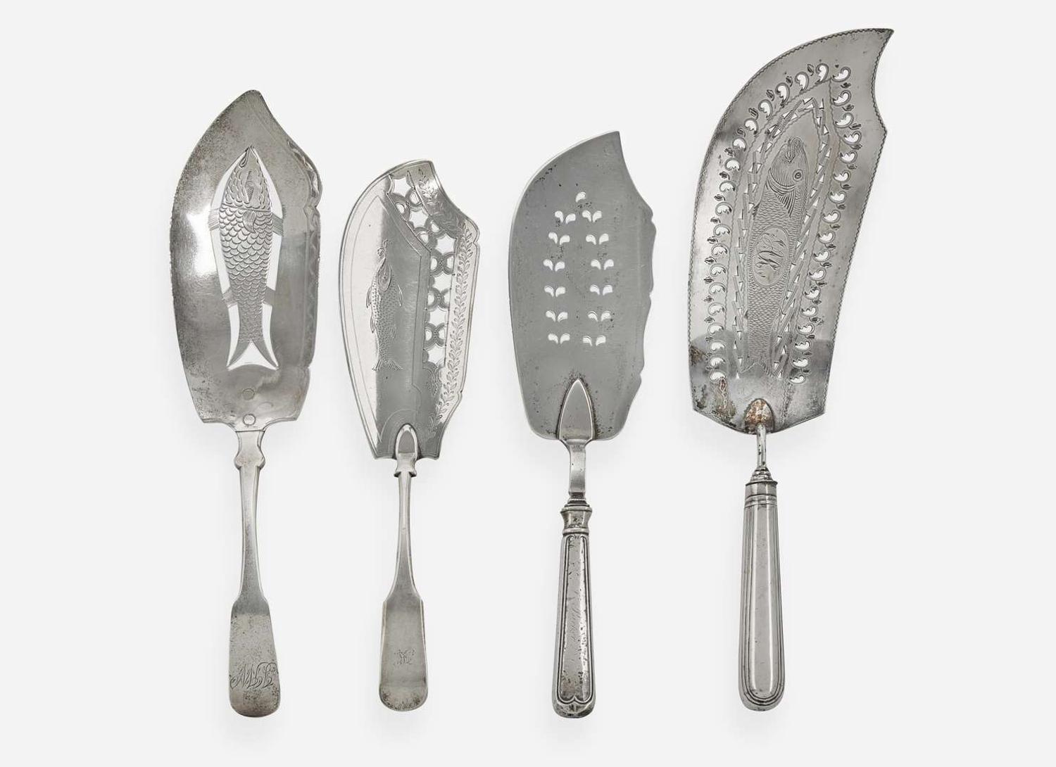 A group of four coin silver fish knives / slices, various makers, early 19th century