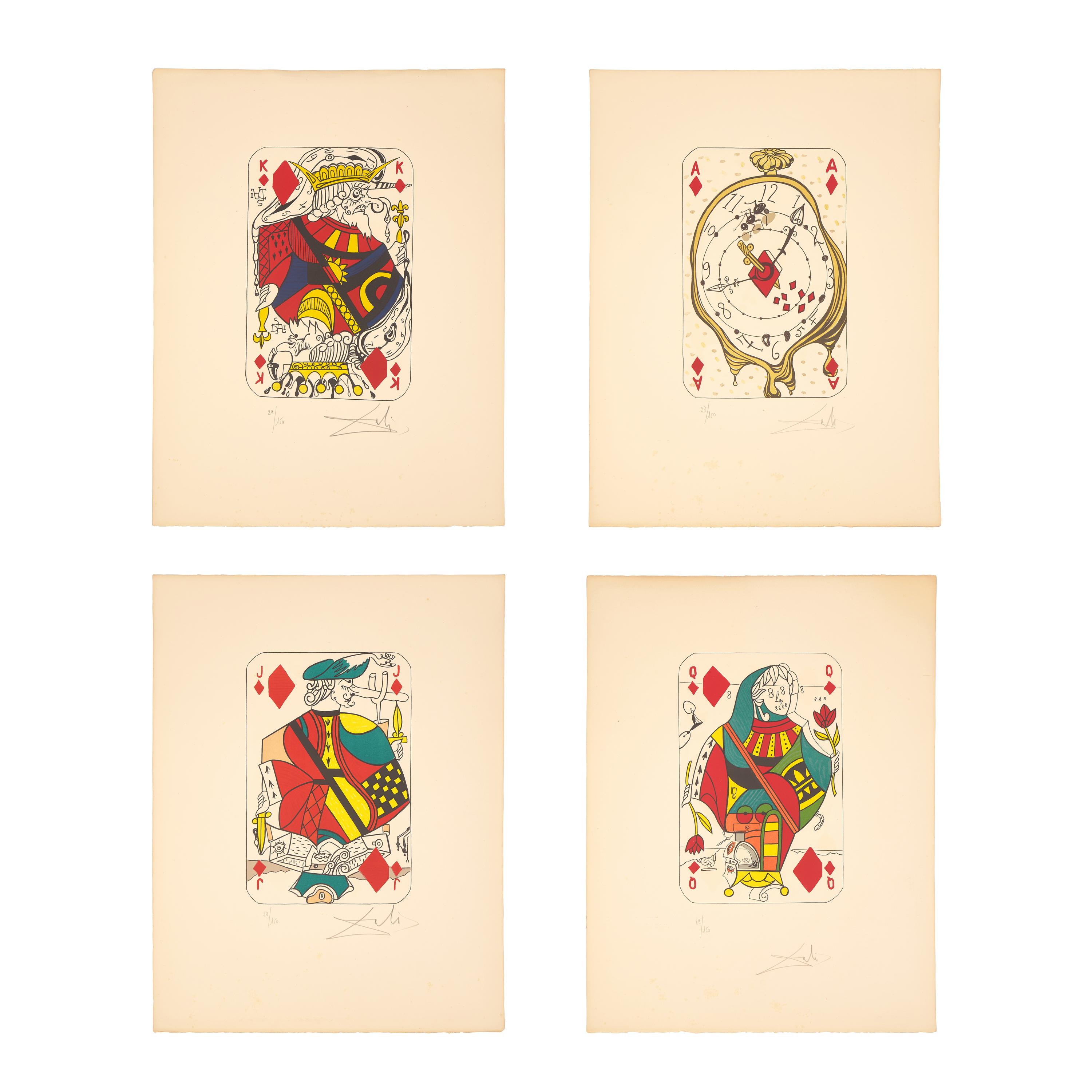 Salvador Dalí (Spanish, 1904-1989) — King of Diamonds, Ace of Diamonds, Jack of Diamonds, and Queen of Diamonds (four works from Playing Cards ), 1972