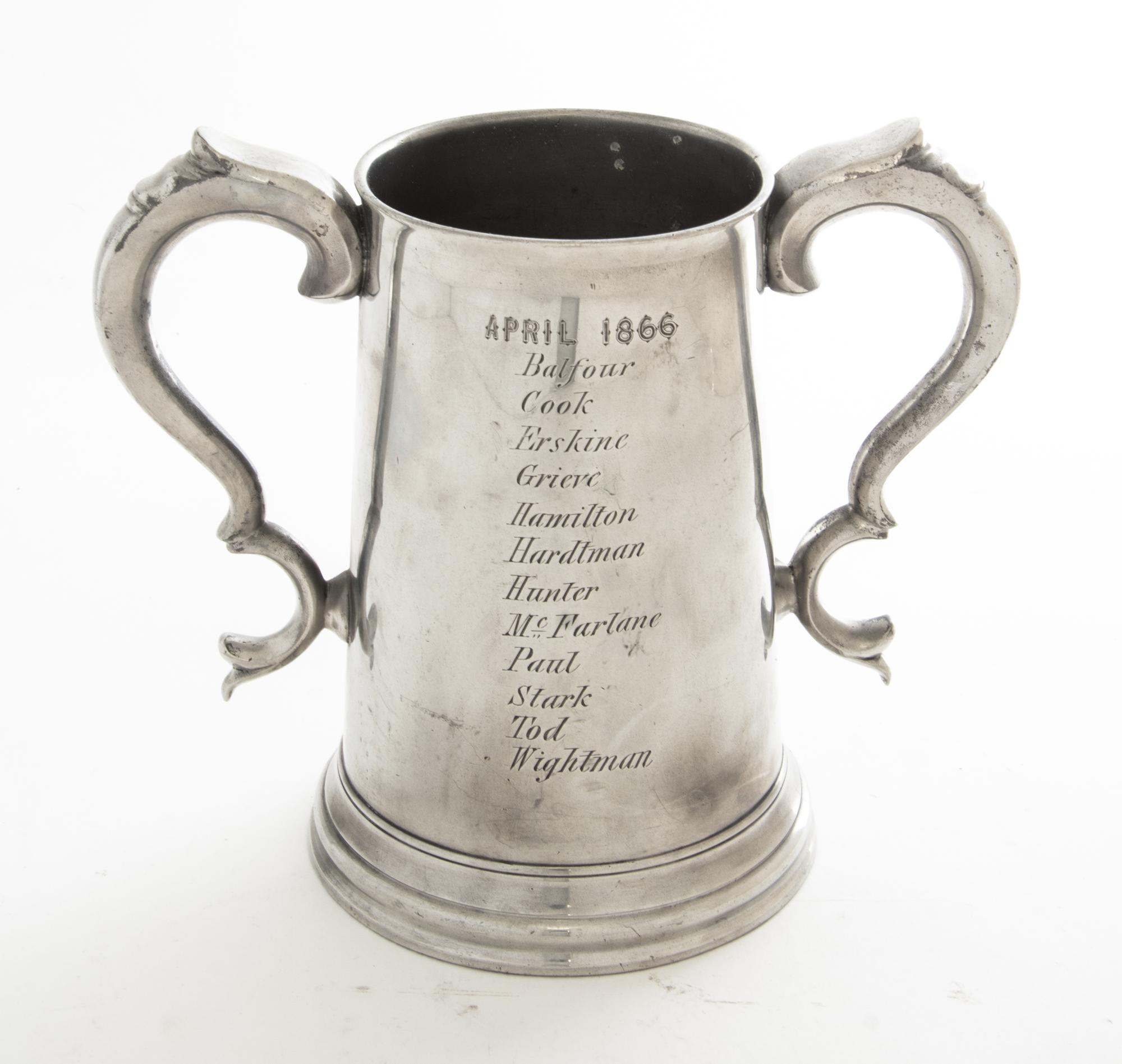 An English Silver-Plate Two Handled Presentation Cup, James Dixon and Sons, Cornish Place, Sheffield, of tapering cylindrical form with