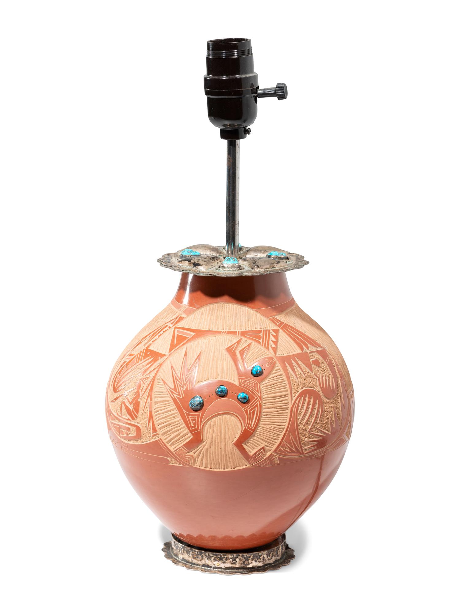 Sgraffito Lamp Base with Silver and Turquoise Concha