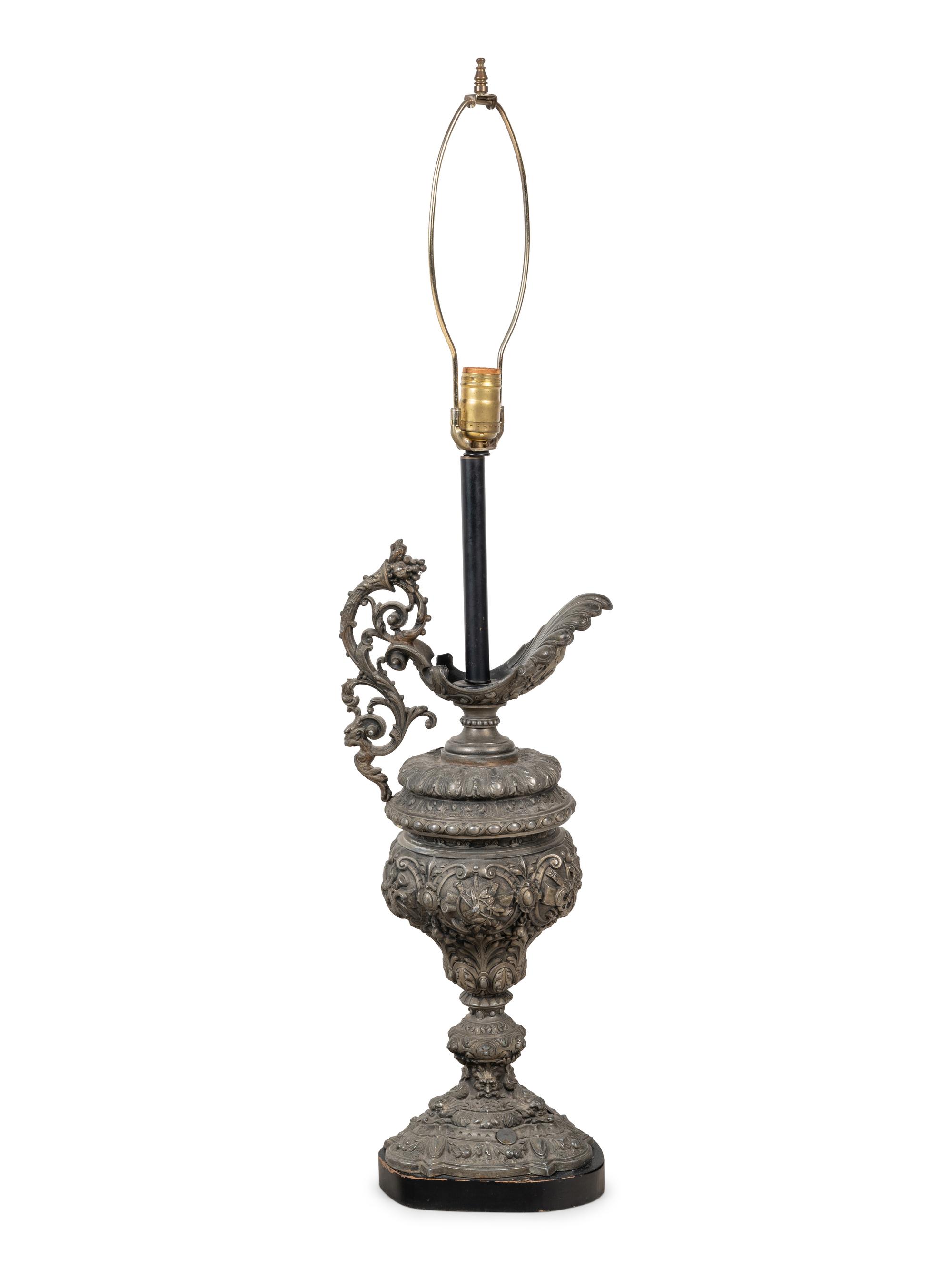A Continental Cast Metal Ewer Mounted as a Lamp