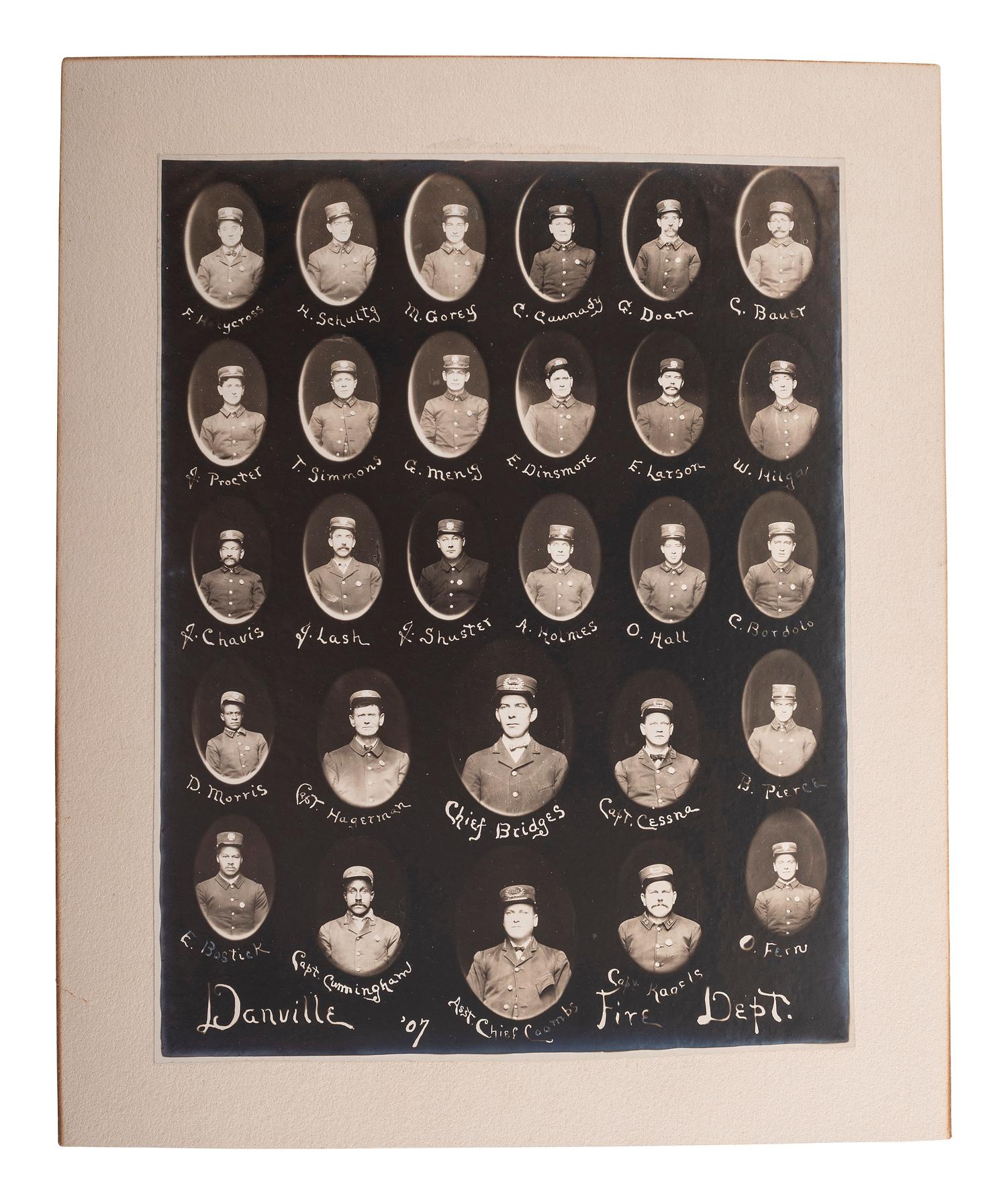 [EARLY PHOTOGRAPHY]. Composite photograph of Danville, Illinois, Fire Department, incl. African American firefighters. Danville, IL, 1907.