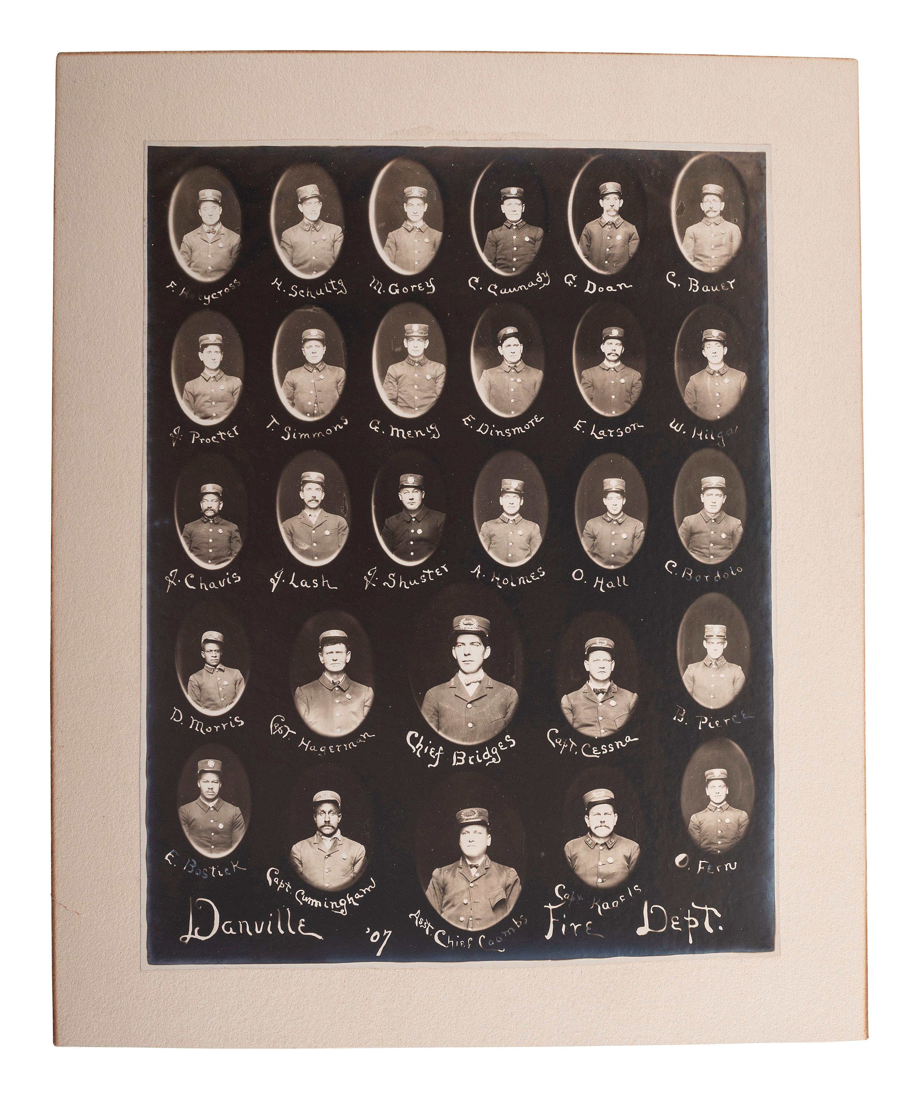 [EARLY PHOTOGRAPHY]. Composite photograph of Danville, Illinois, Fire Department, incl. African American firefighters. Danville, IL, 1907.