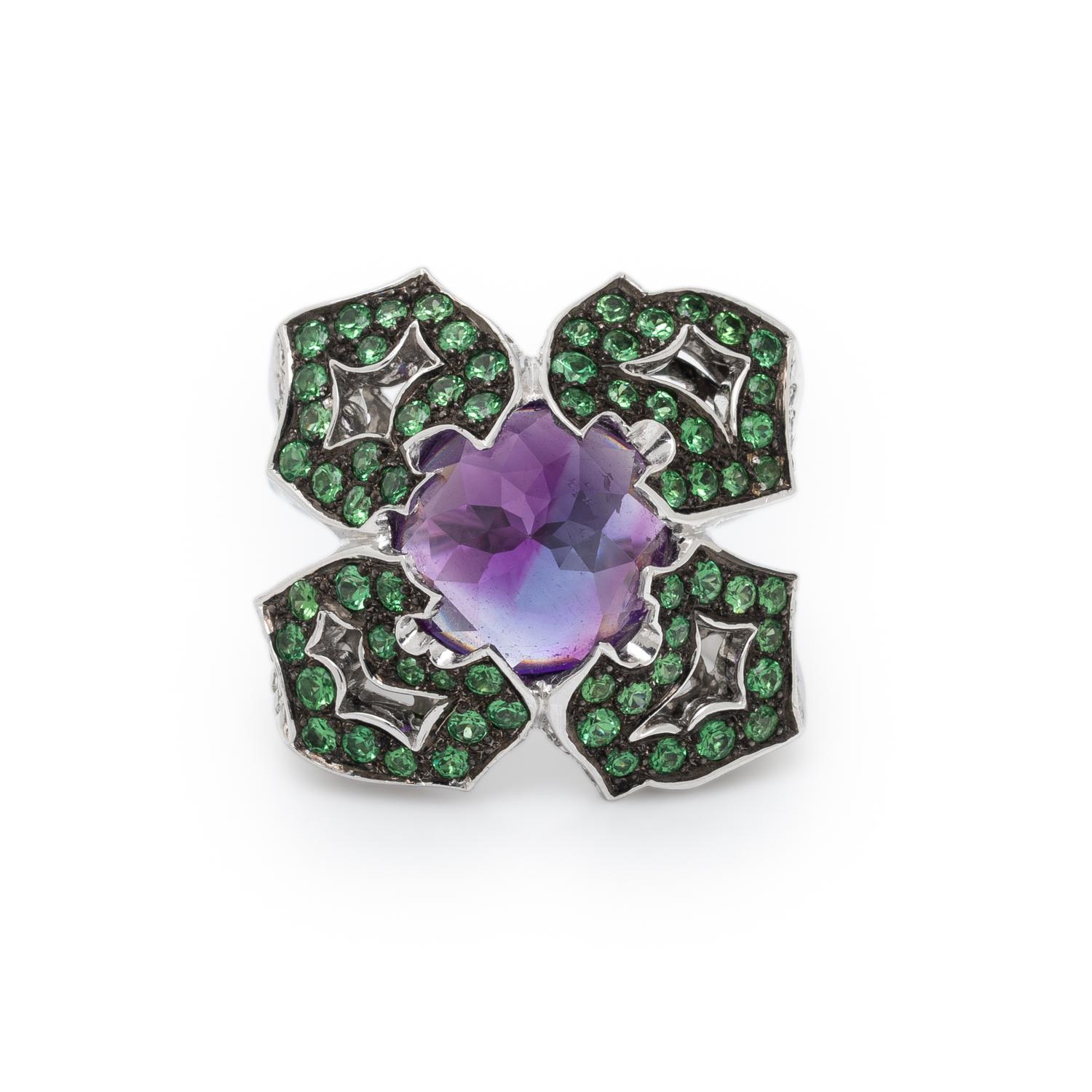 STEPHEN WEBSTER, AMETHYST, TSAVORITE GARNET, DIAMOND, AND WHITE GOLD RING
