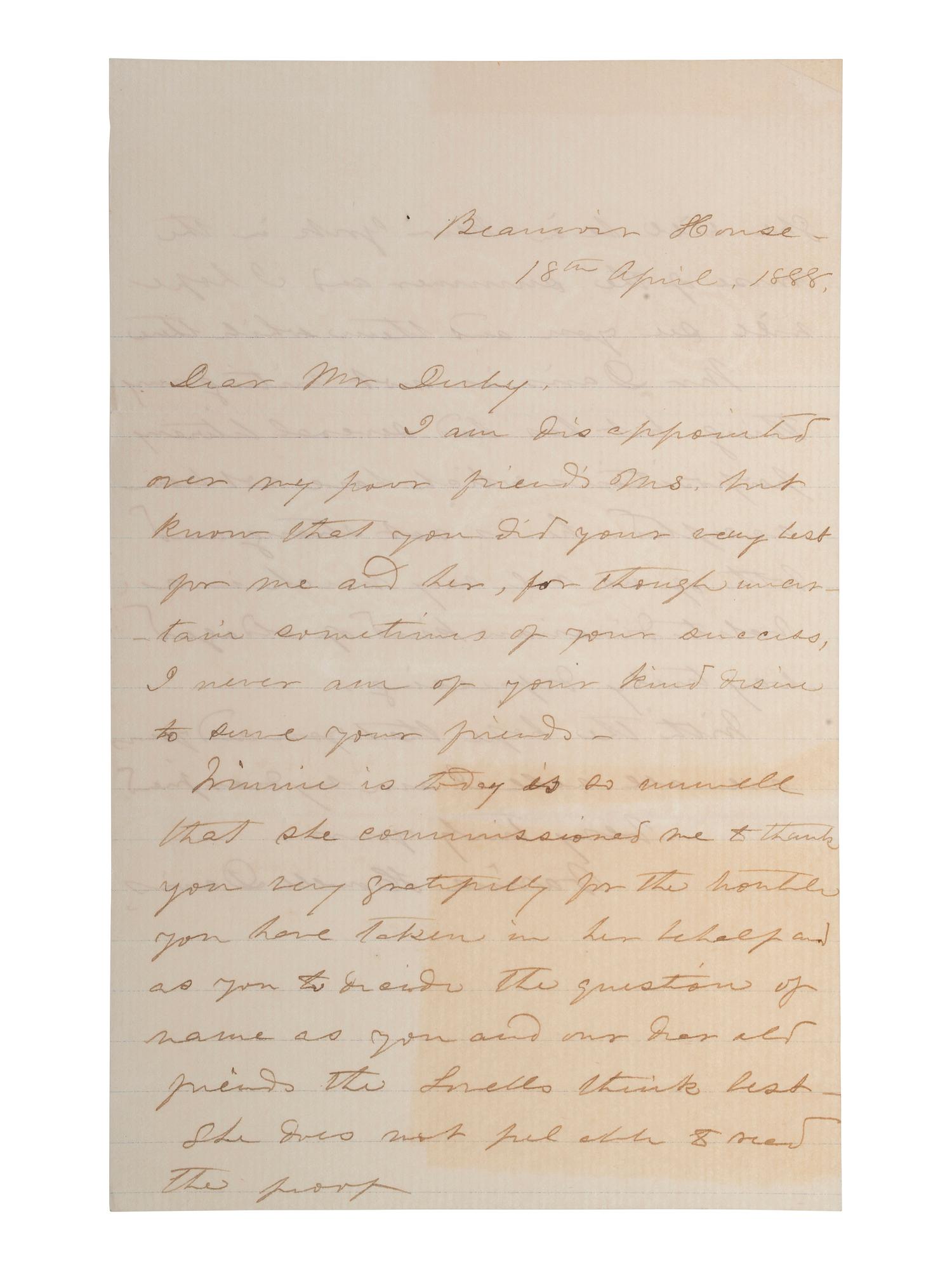 DAVIS, Varina Howell (1826-1906). Autograph letter signed ("Varina Howell Davis"). "Beauvoir House," 18 April 1888.
