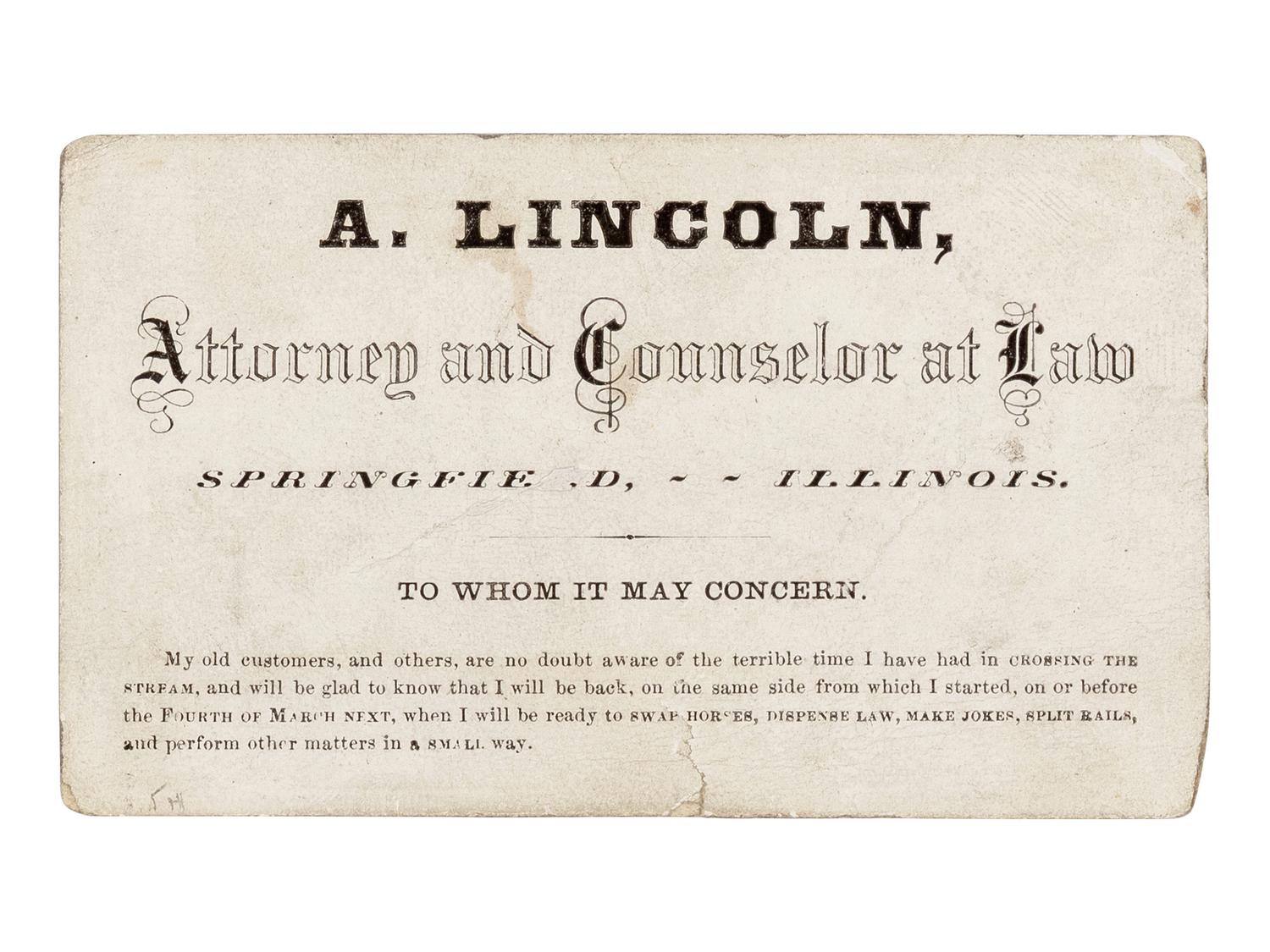 [LINCOLN-JOHNSON CAMPAIGN]. A satirical business card for Abraham Lincoln. Presumably printed by the Democratic National Committee. 1864.