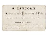 [LINCOLN-JOHNSON CAMPAIGN]. A satirical business card for Abraham Lincoln. Presumably printed by the Democratic National Committee. 1864.