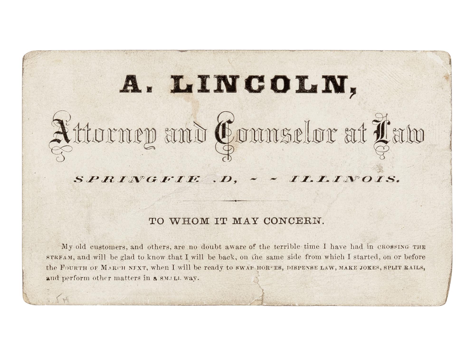 [LINCOLN-JOHNSON CAMPAIGN]. A satirical business card for Abraham Lincoln. Presumably printed by the Democratic National Committee. 1864.
