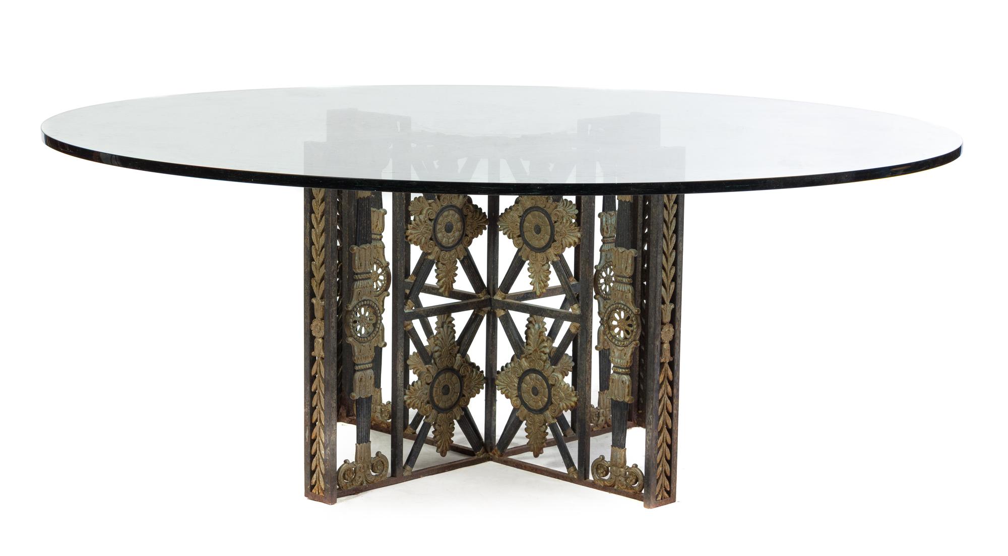 An American Cast Iron Table Base Height 30 x diameter of top 76 1/2 inches.